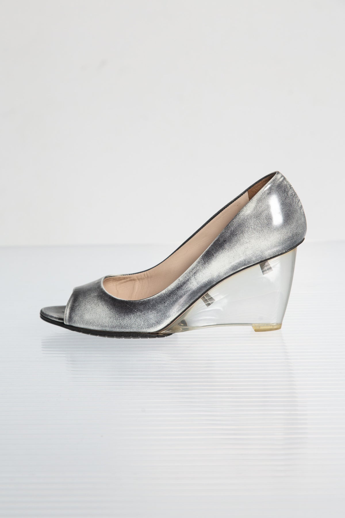 PRADA SILVER LEATHER WEDGE PUMPS