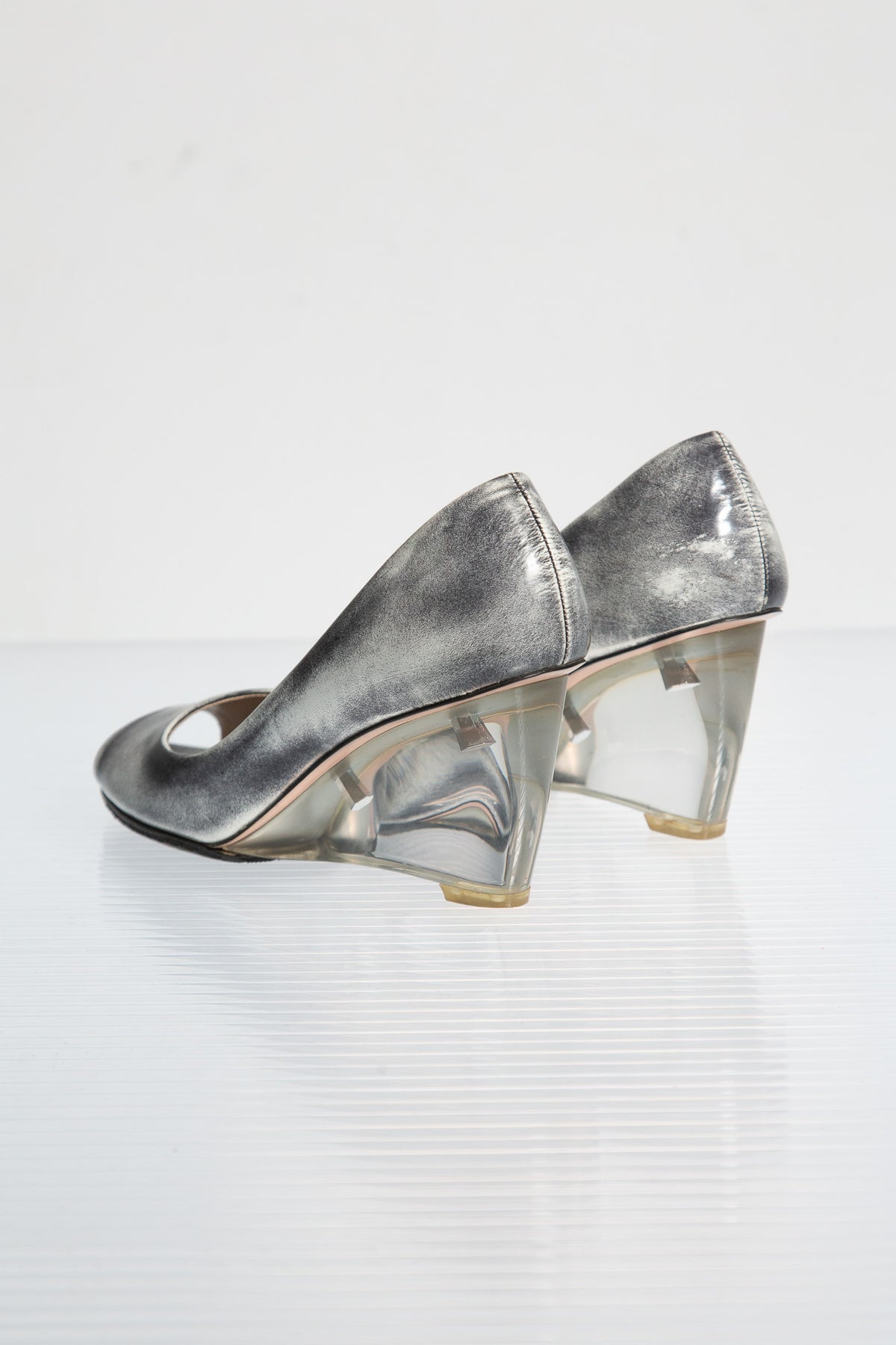 PRADA SILVER LEATHER WEDGE PUMPS
