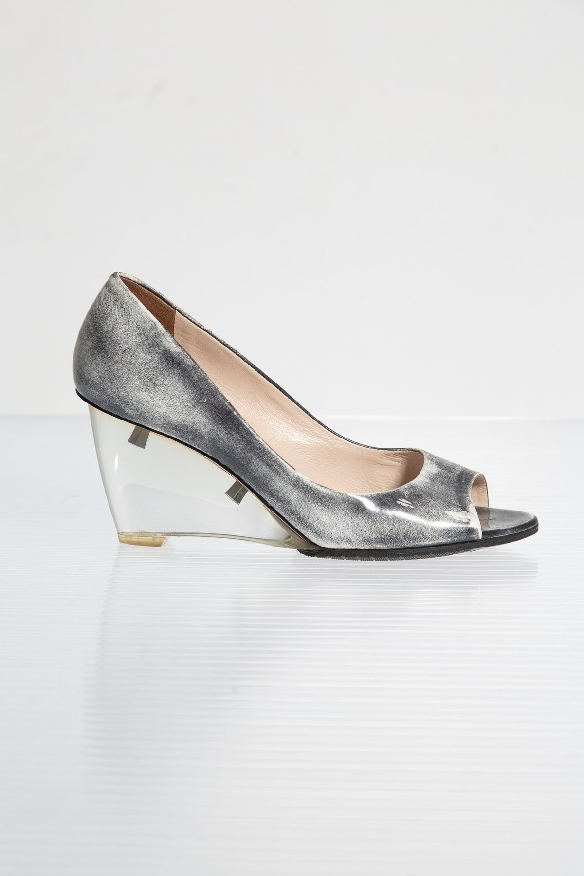 PRADA SILVER LEATHER WEDGE PUMPS