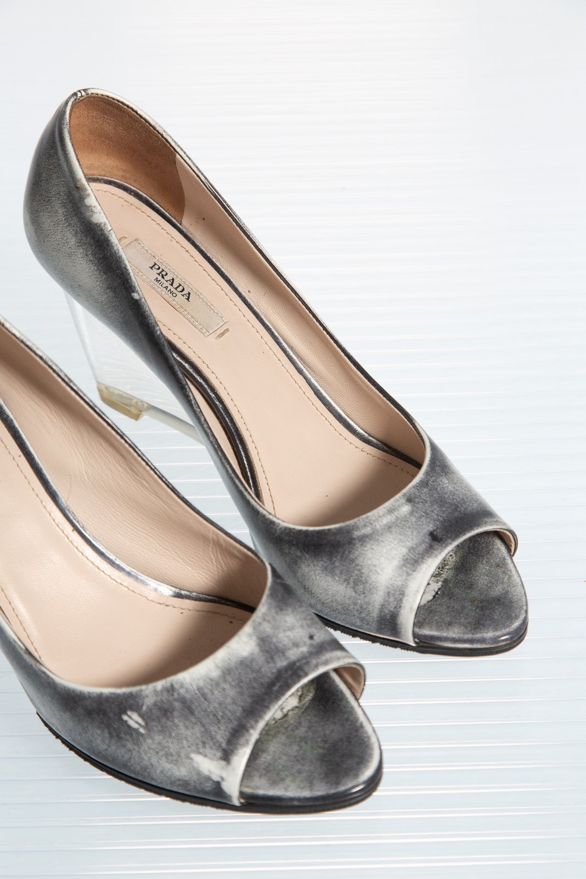 PRADA SILVER LEATHER WEDGE PUMPS
