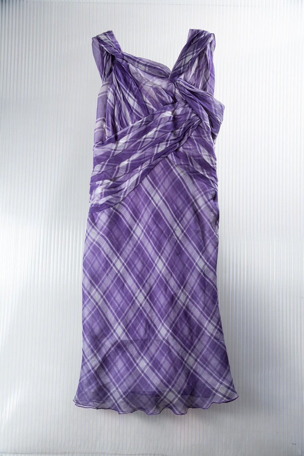 PURPLE SILK PLAID DRAPED DRESS