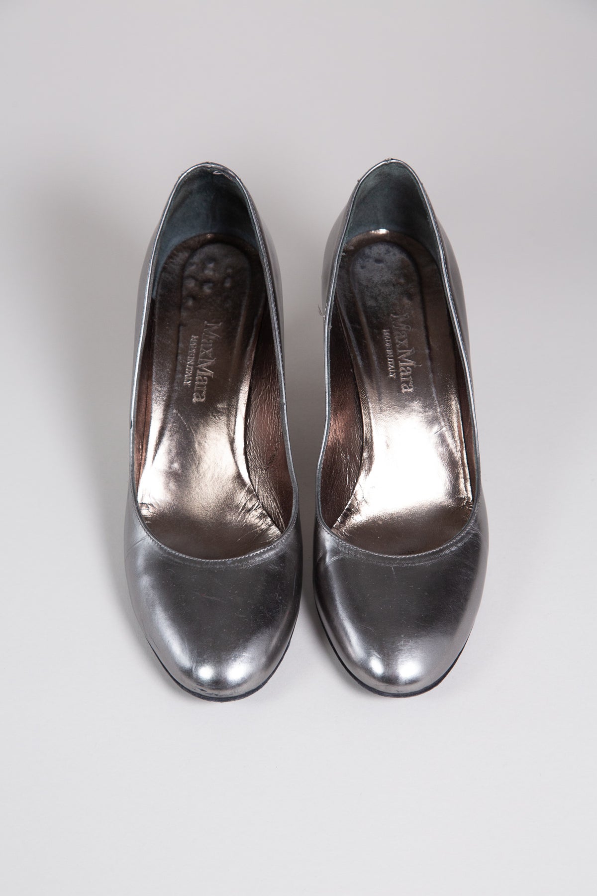 MAX MARA SILVER LEATHER SCULPTURAL WEDGE HEELS