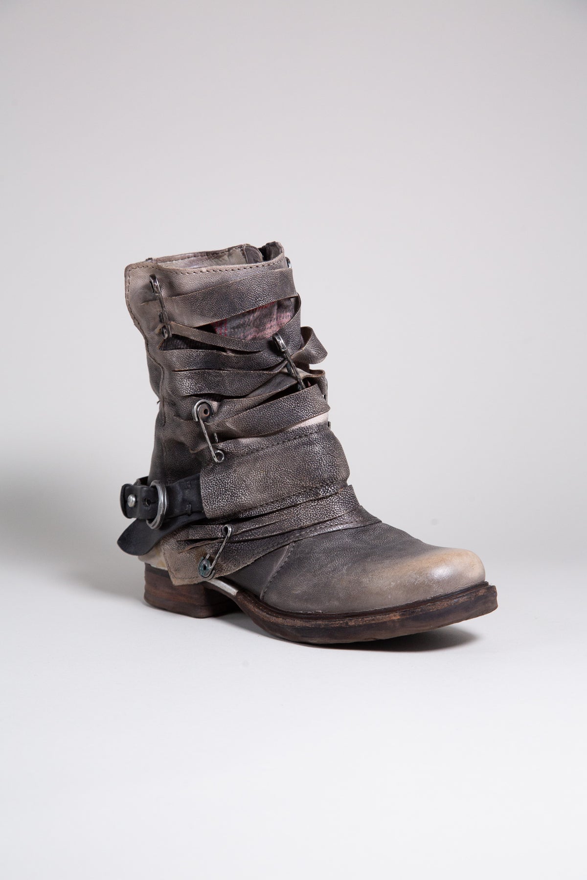 DISTRESSED GREY LEATHER MULTI-STRAP BIKER BOOTS