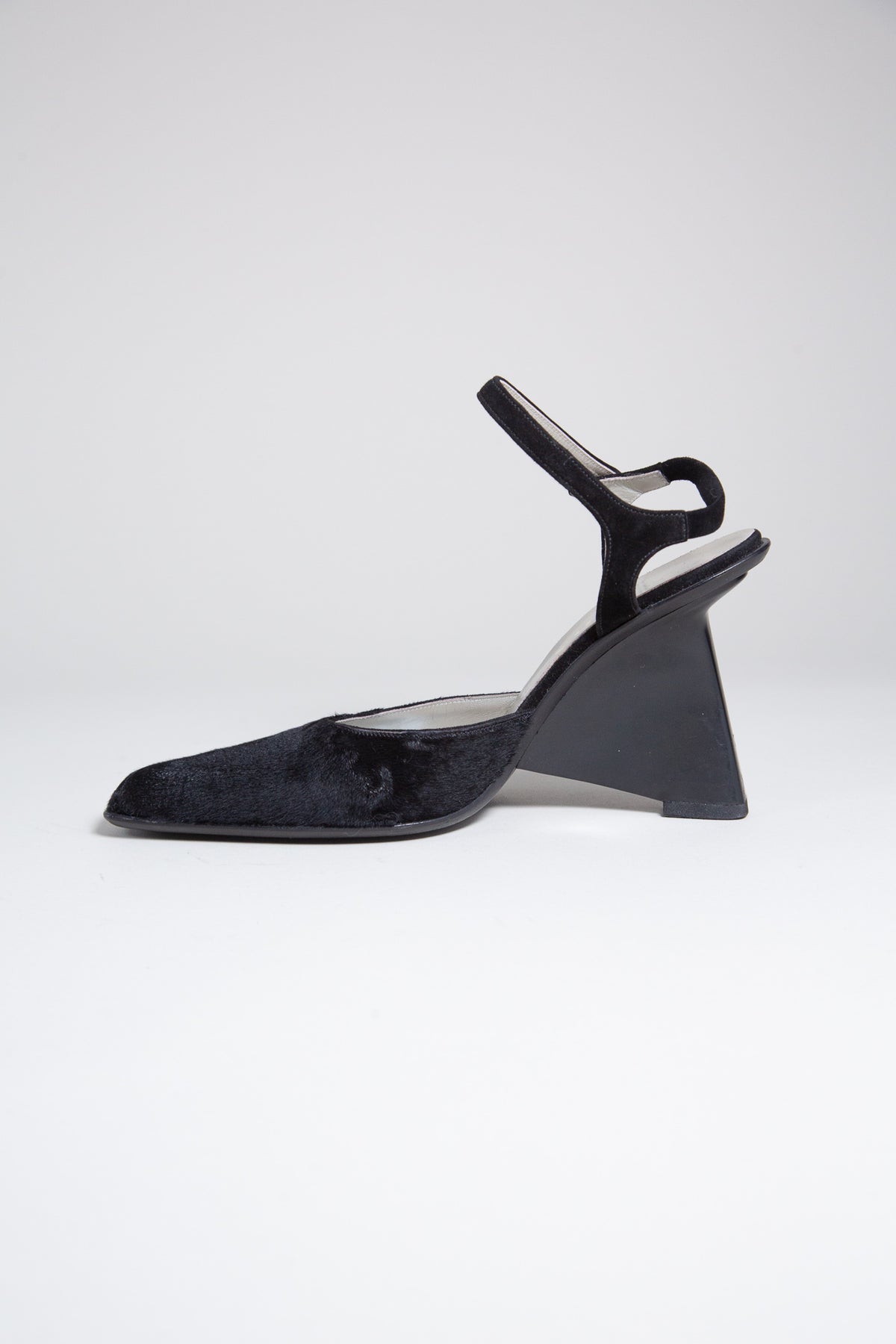 PRADA BLACK PONY HAIR SCULPTURAL HEELS