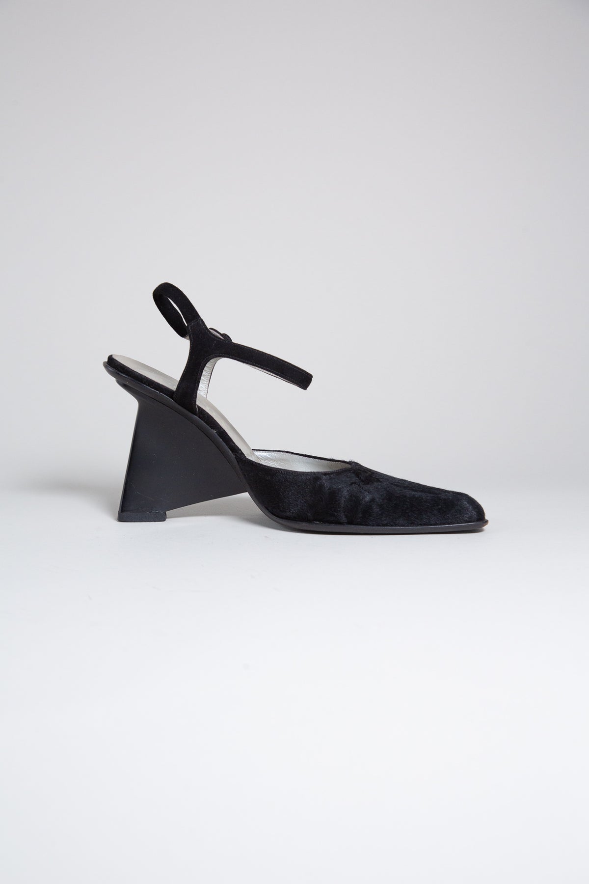 PRADA BLACK PONY HAIR SCULPTURAL HEELS