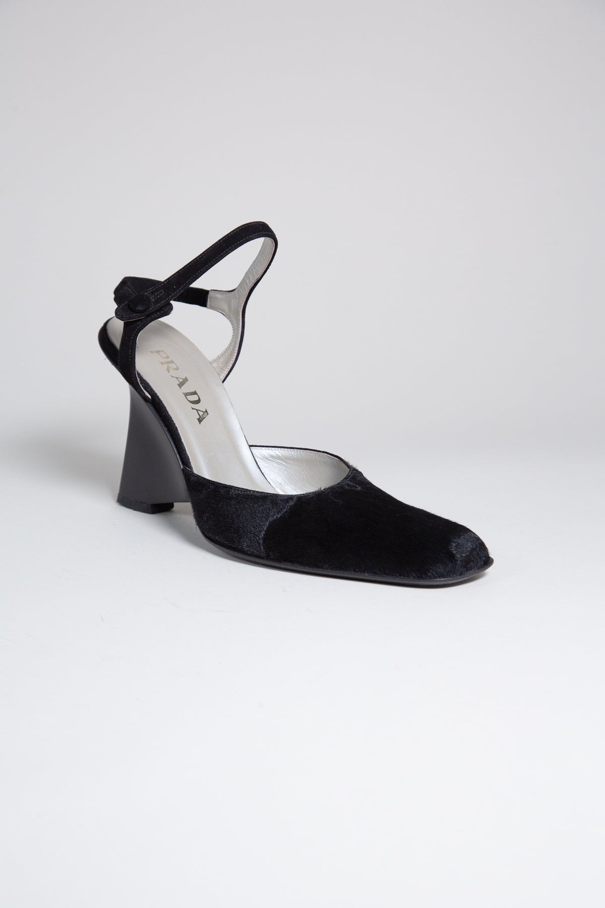 PRADA BLACK PONY HAIR SCULPTURAL HEELS
