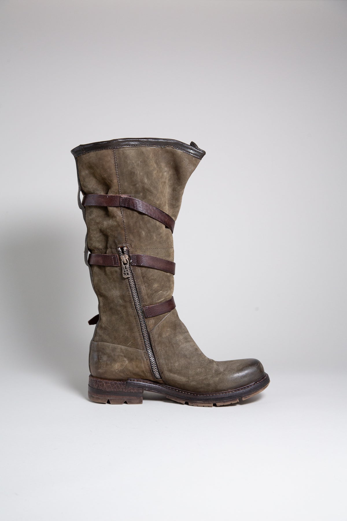 OLIVE GREEN SUEDE MULTI-BUCKLE MID-CALF BOOTS