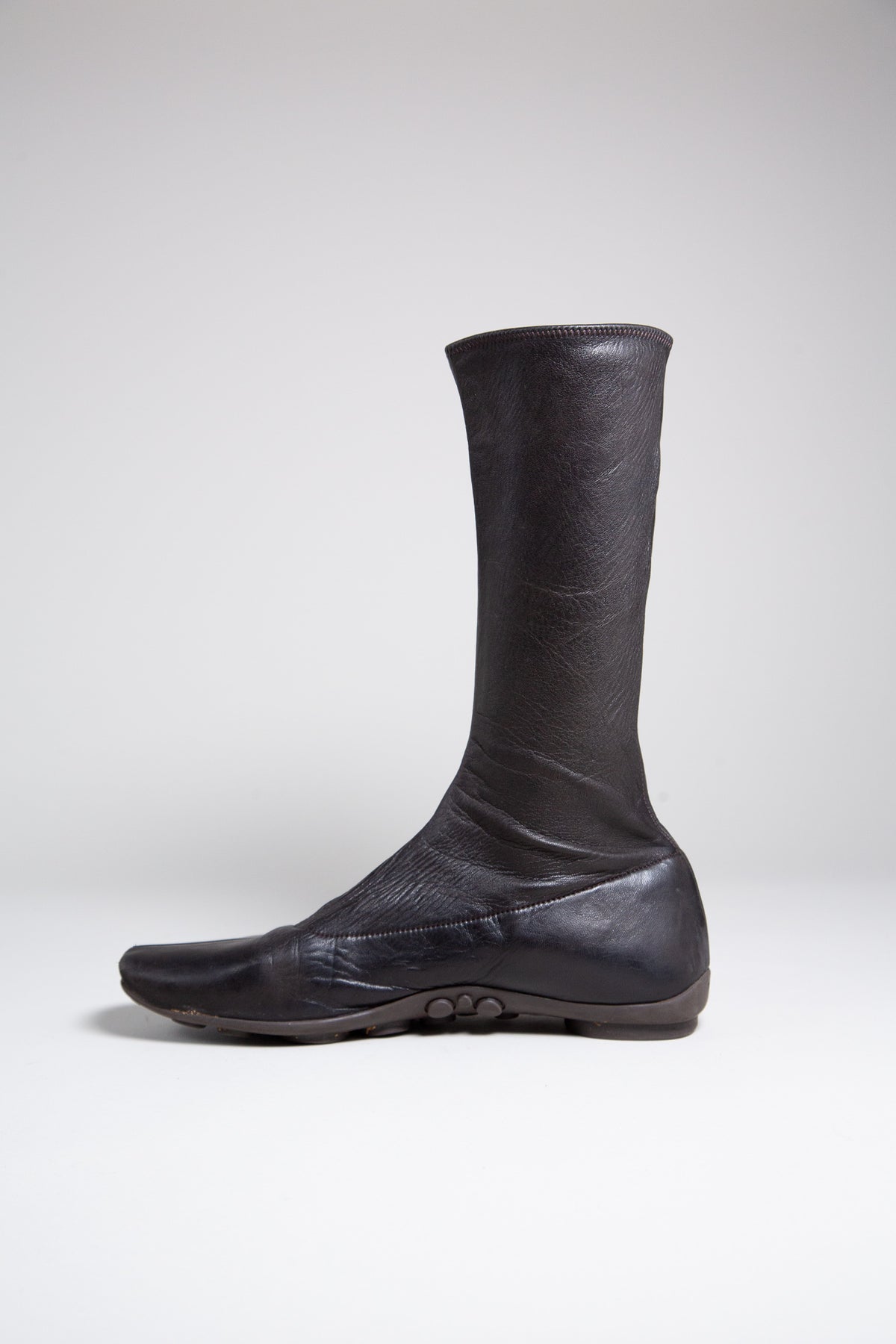 PRADA BROWN LEATHER FLAT MID-CALF BOOTS