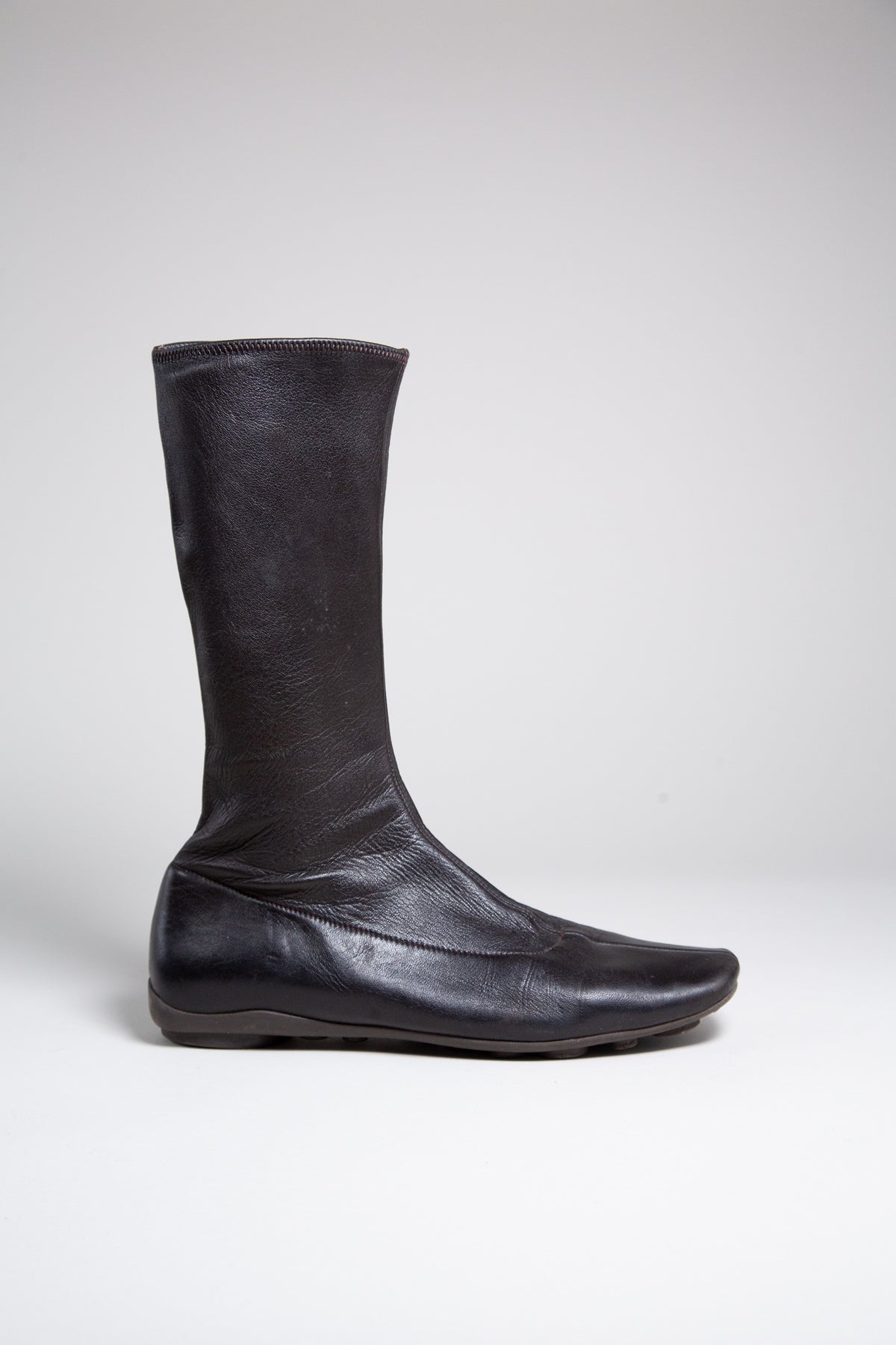 PRADA BROWN LEATHER FLAT MID-CALF BOOTS