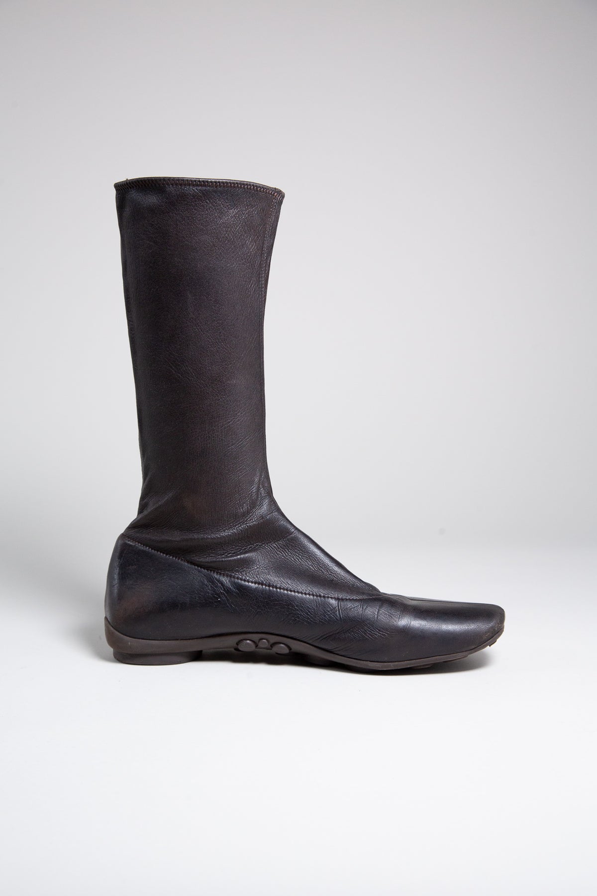 PRADA BROWN LEATHER FLAT MID-CALF BOOTS