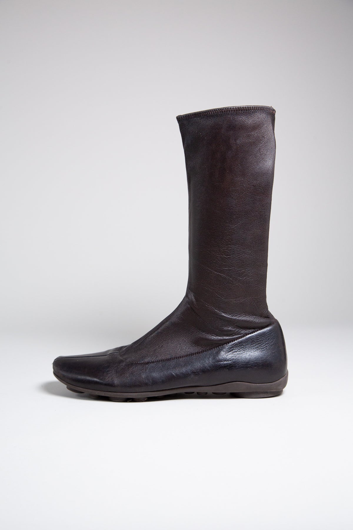 PRADA BROWN LEATHER FLAT MID-CALF BOOTS