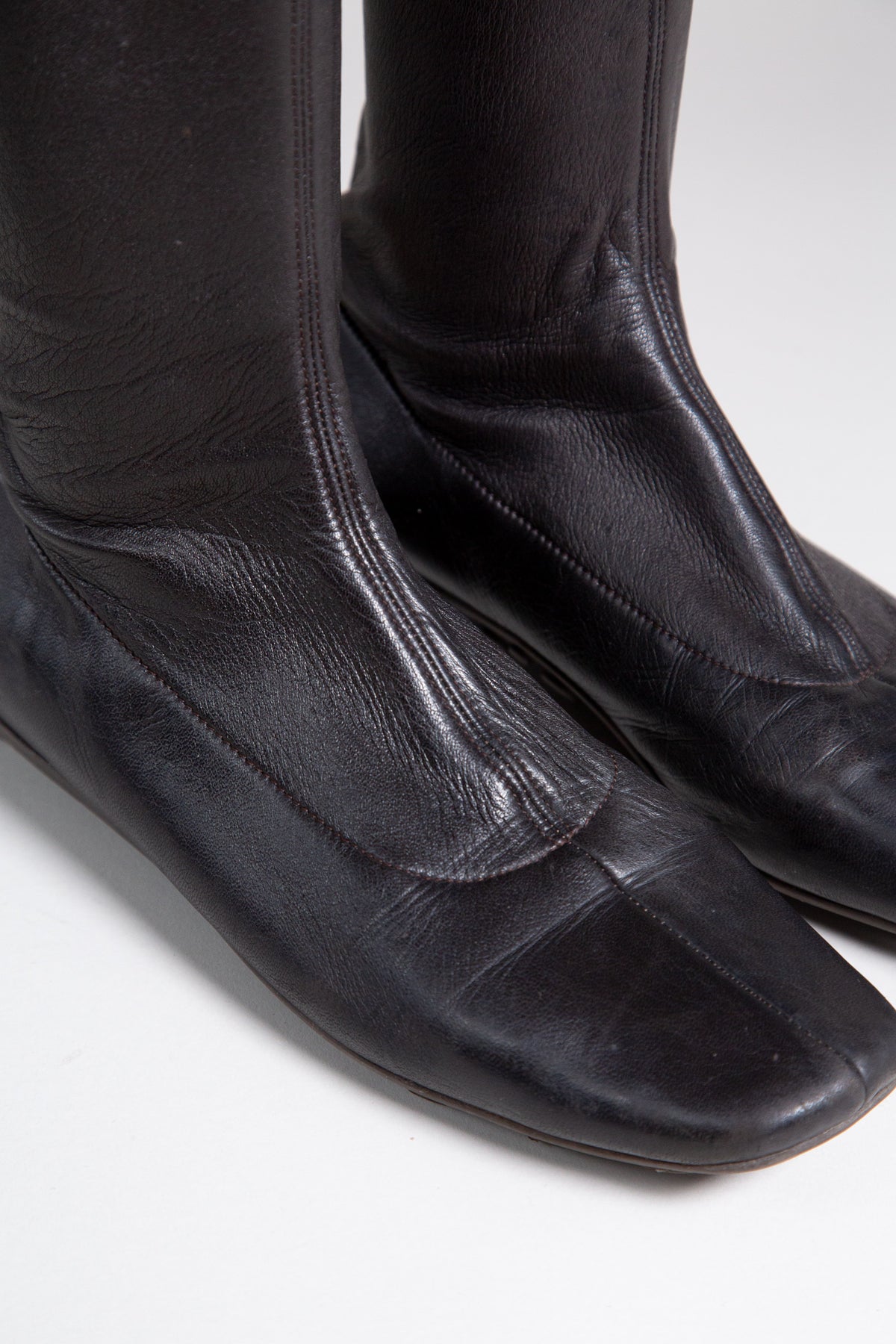 PRADA BROWN LEATHER FLAT MID-CALF BOOTS