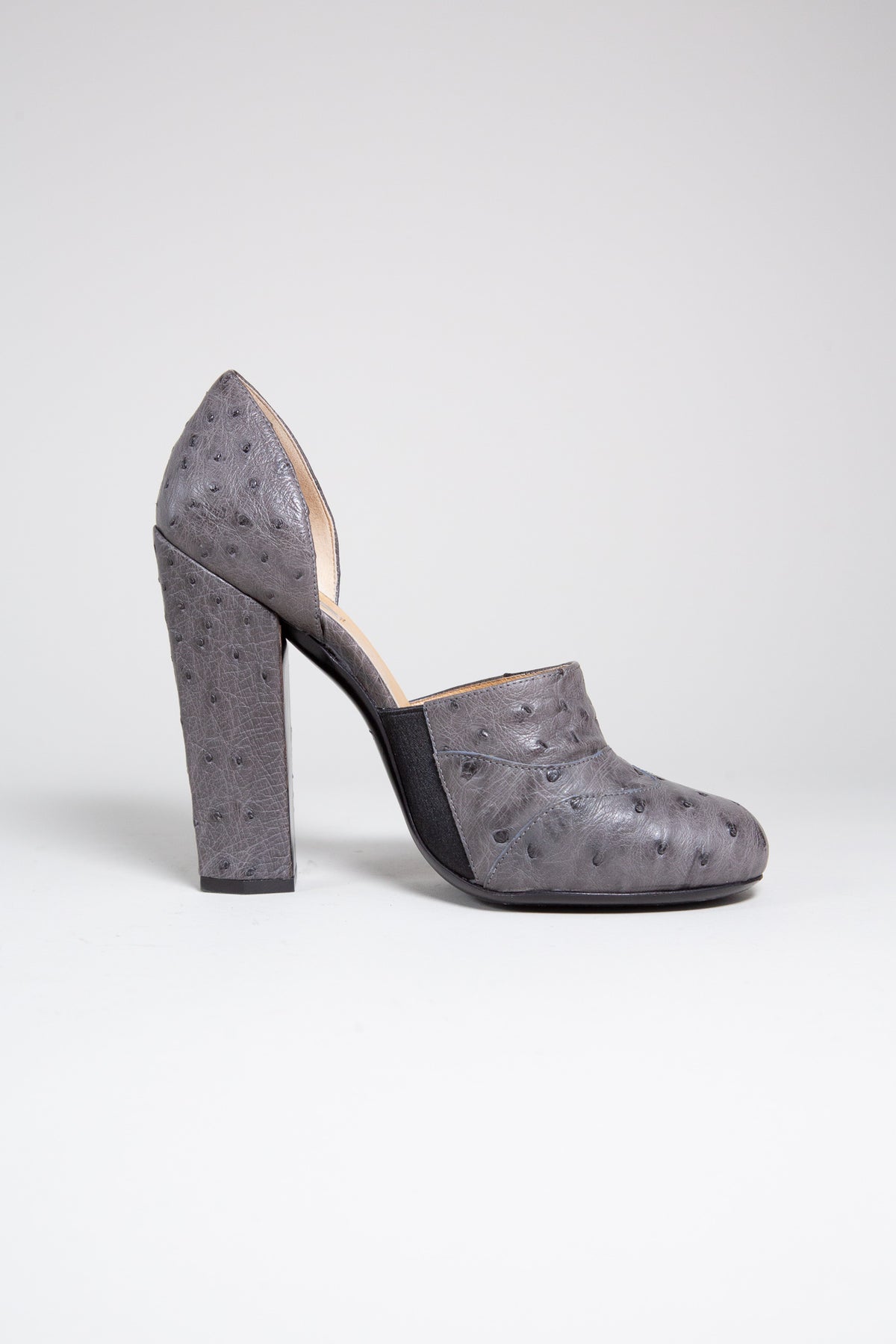 MIU MIU GREY OSTRICH LEATHER BLOCK HEEL PUMPS