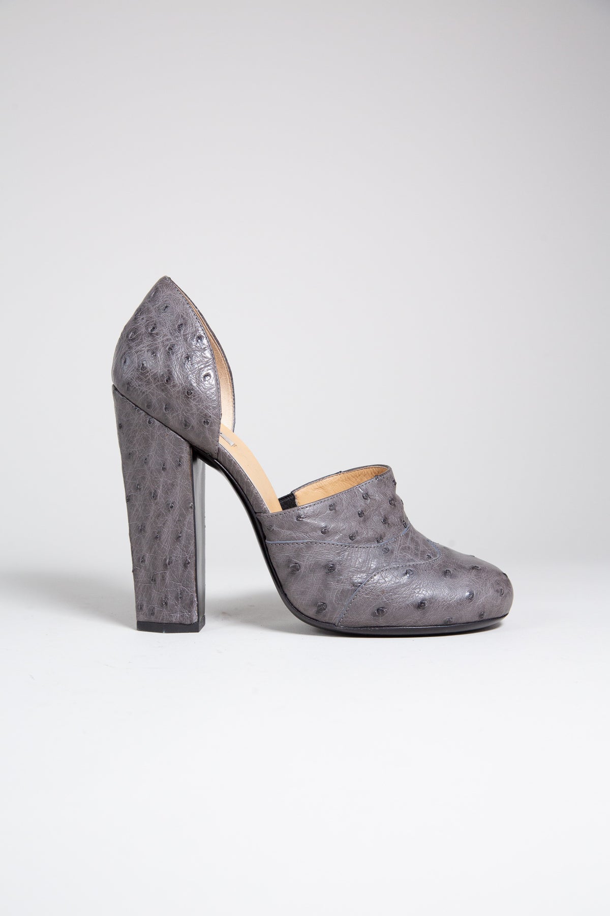 MIU MIU GREY OSTRICH LEATHER BLOCK HEEL PUMPS