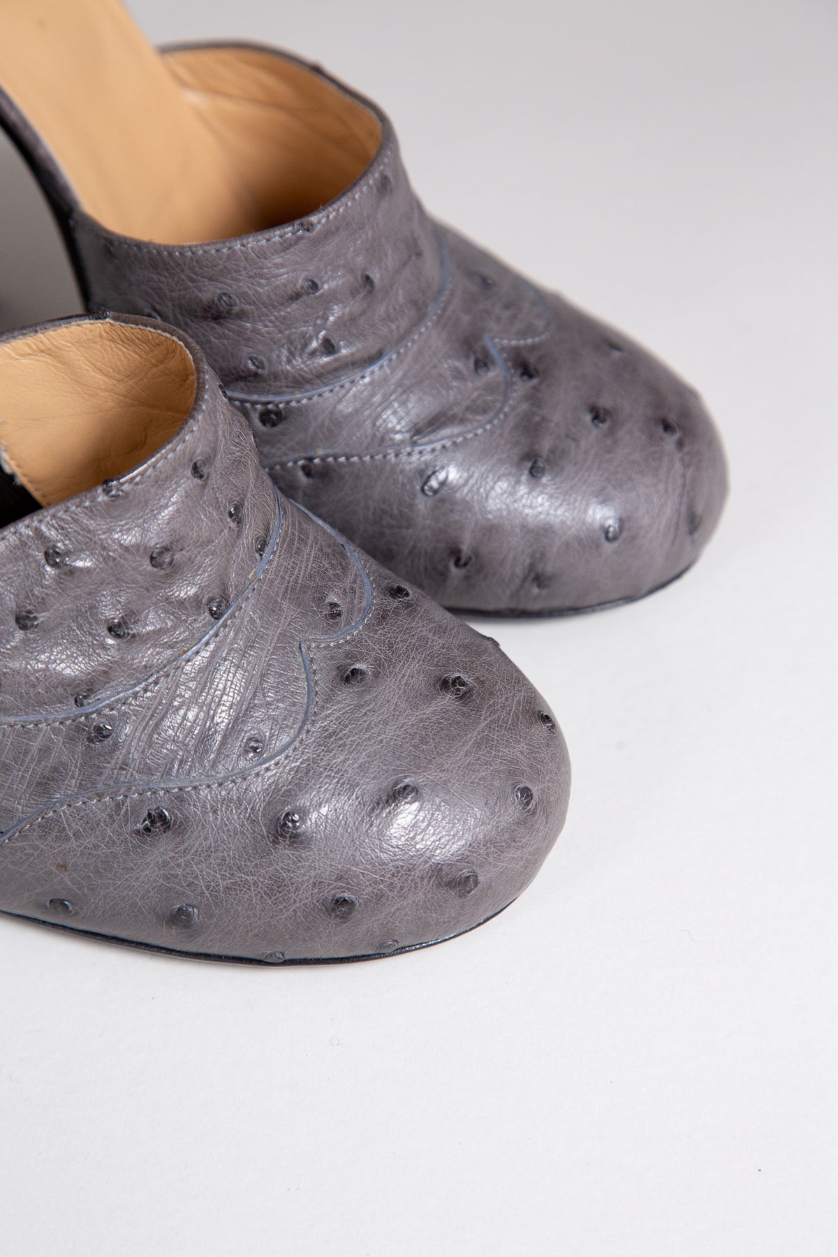 MIU MIU GREY OSTRICH LEATHER BLOCK HEEL PUMPS