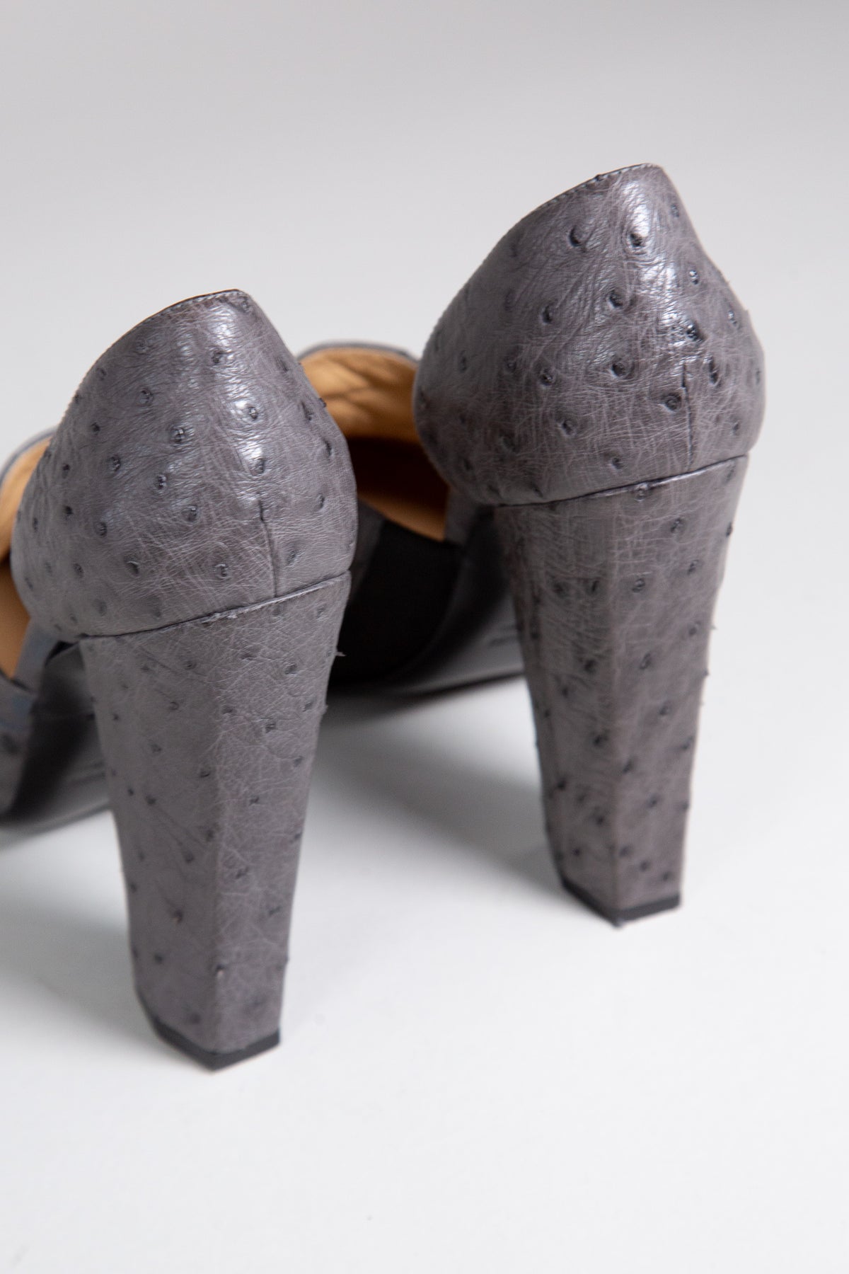 MIU MIU GREY OSTRICH LEATHER BLOCK HEEL PUMPS