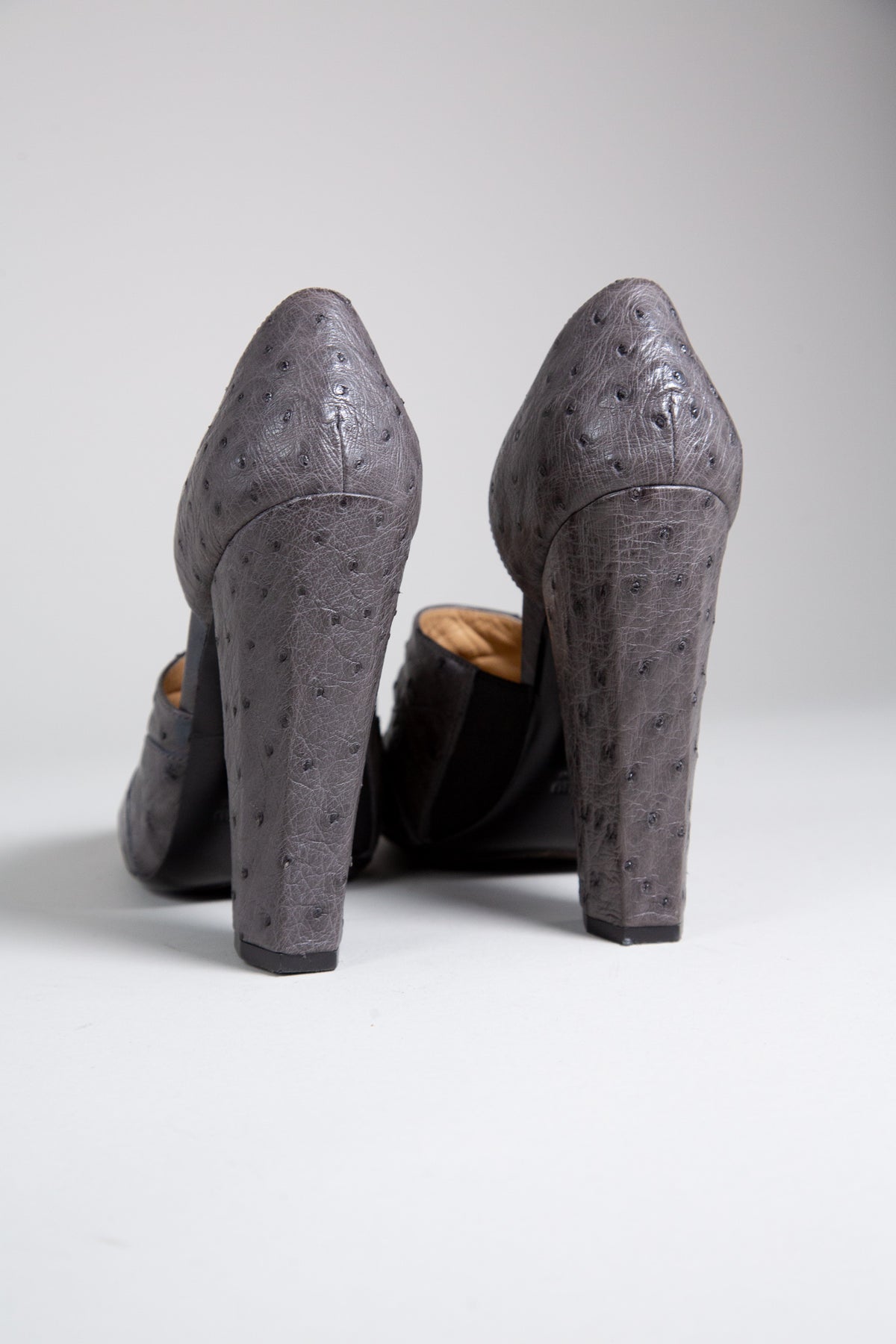 MIU MIU GREY OSTRICH LEATHER BLOCK HEEL PUMPS