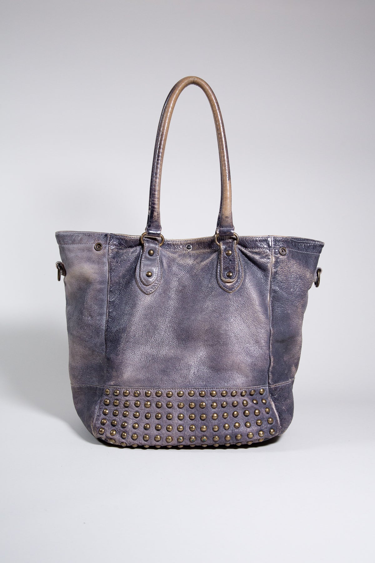 DISTRESSED LEATHER STUDDED SHOULDER BAG