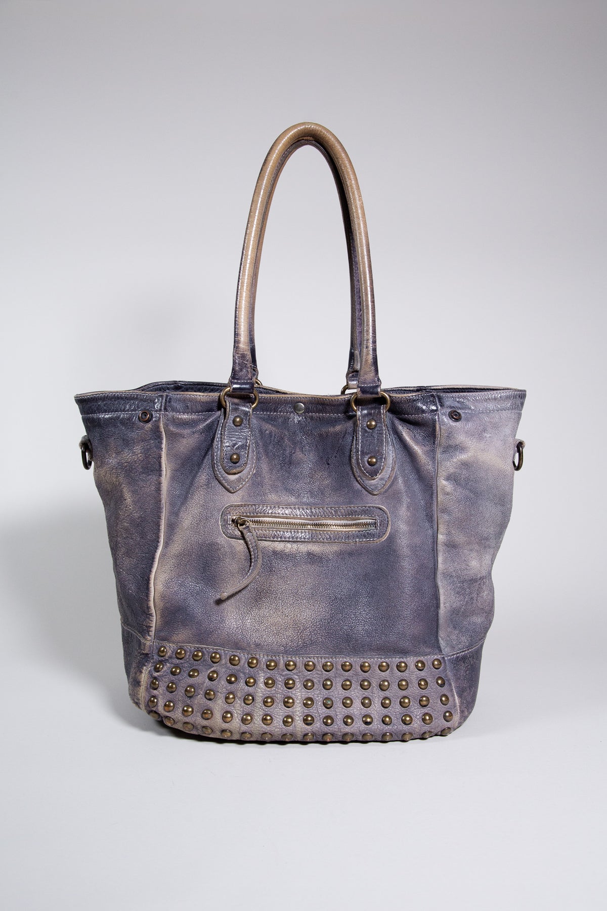 DISTRESSED LEATHER STUDDED SHOULDER BAG