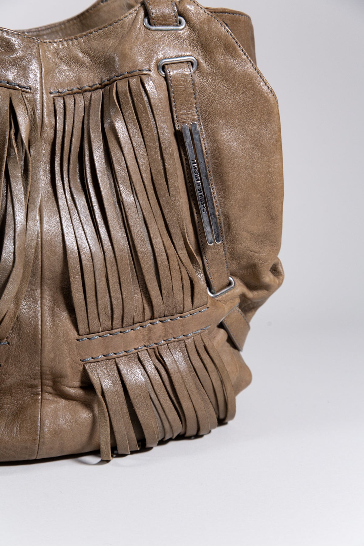 COSTUME NATIONAL BROWN LEATHER FRINGE TOTE BAG