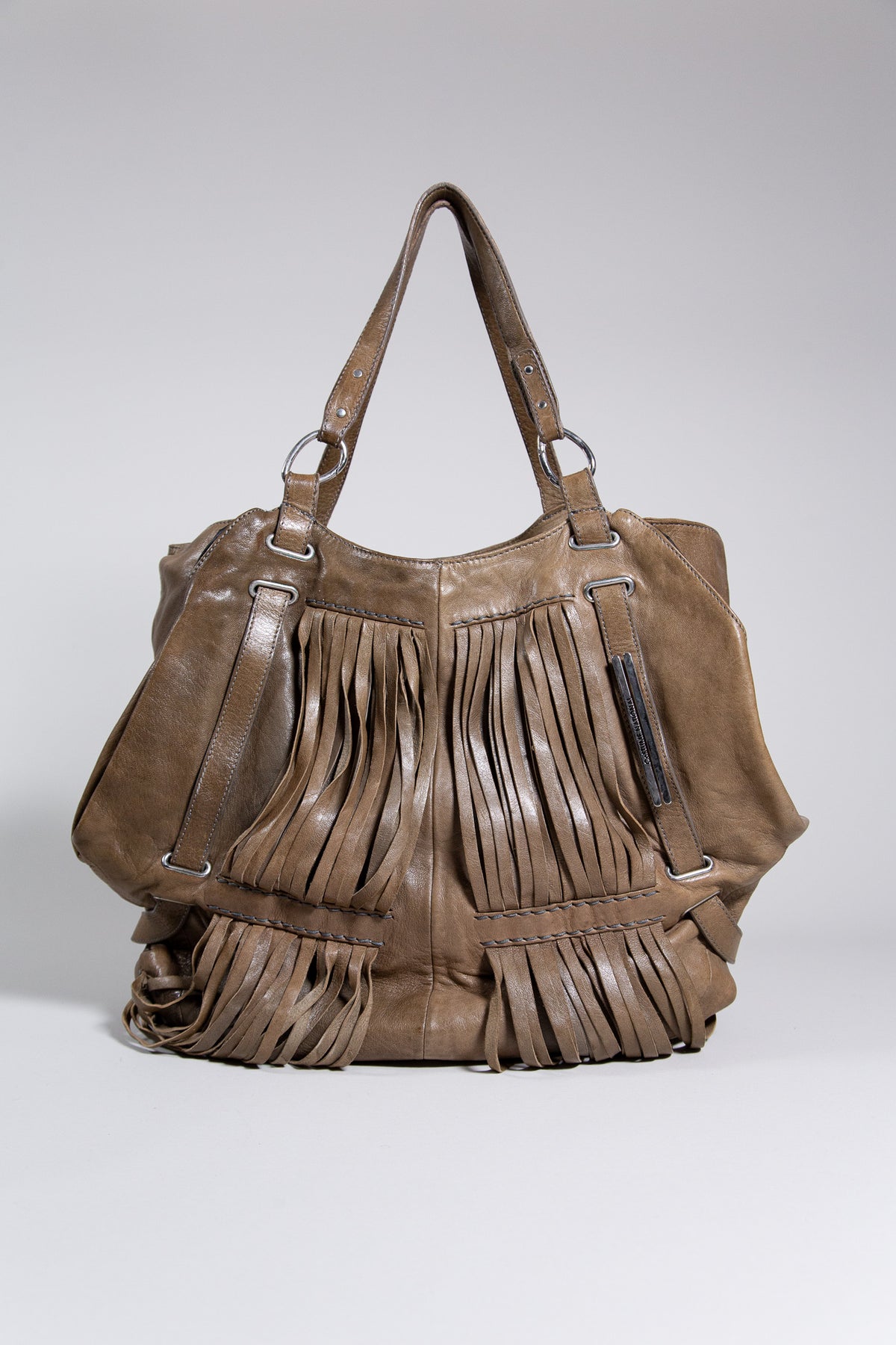 COSTUME NATIONAL BROWN LEATHER FRINGE TOTE BAG