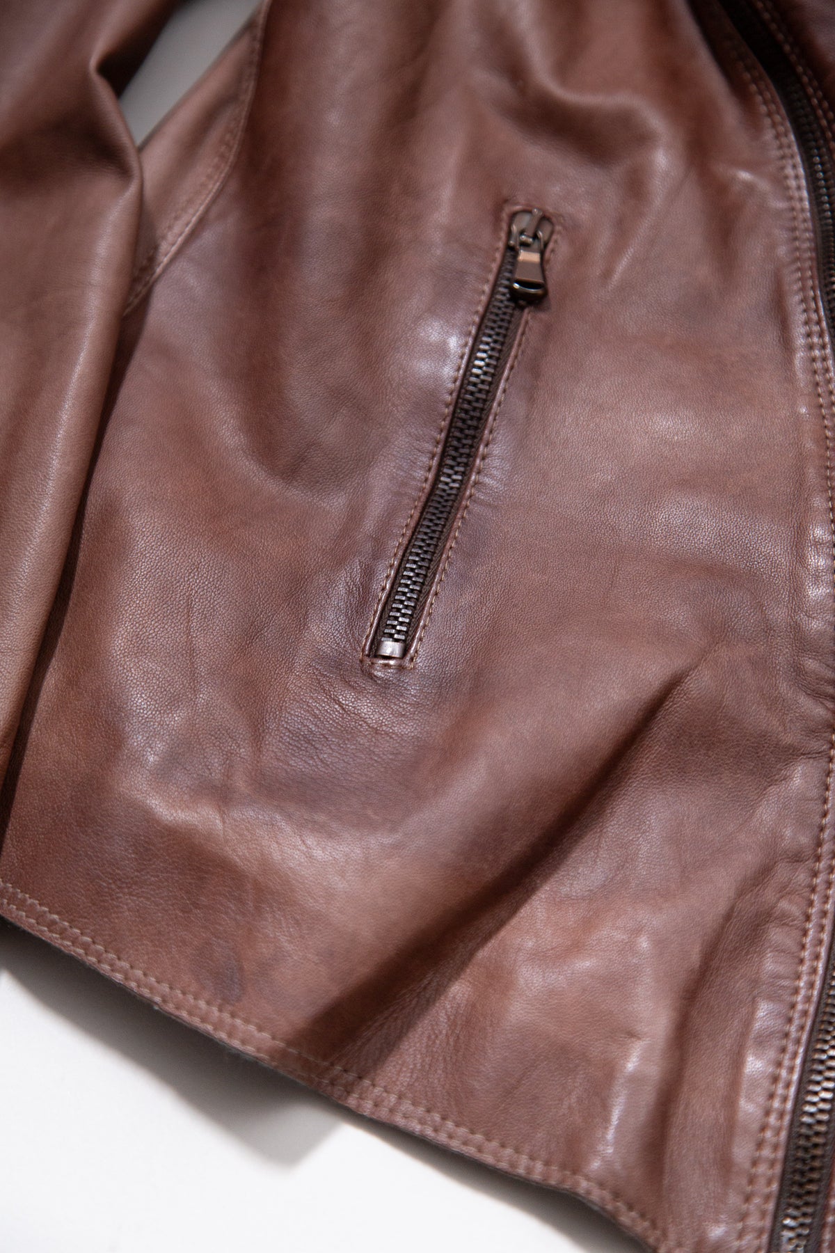 BROWN ASYMMETRIC ZIP LEATHER JACKET