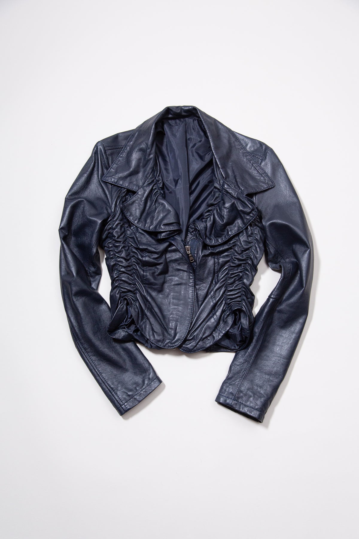 DARK BLUE RUCHED LEATHER JACKET