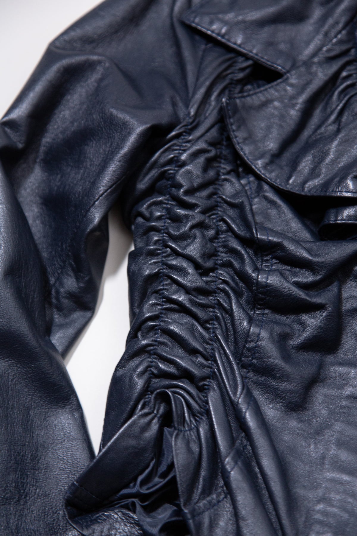 DARK BLUE RUCHED LEATHER JACKET