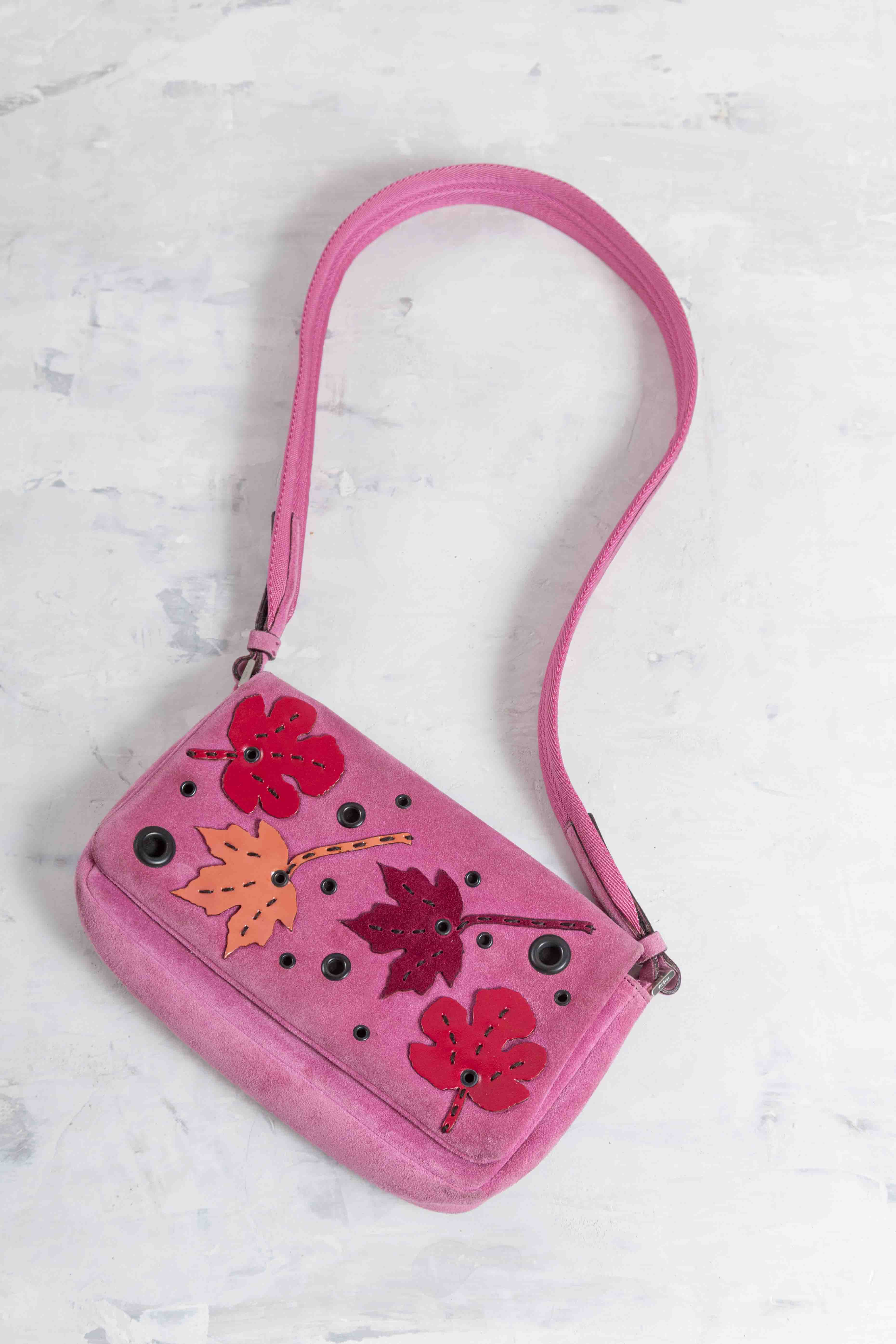 FW1999 LEAVES PINK SUEDE HAND BAG