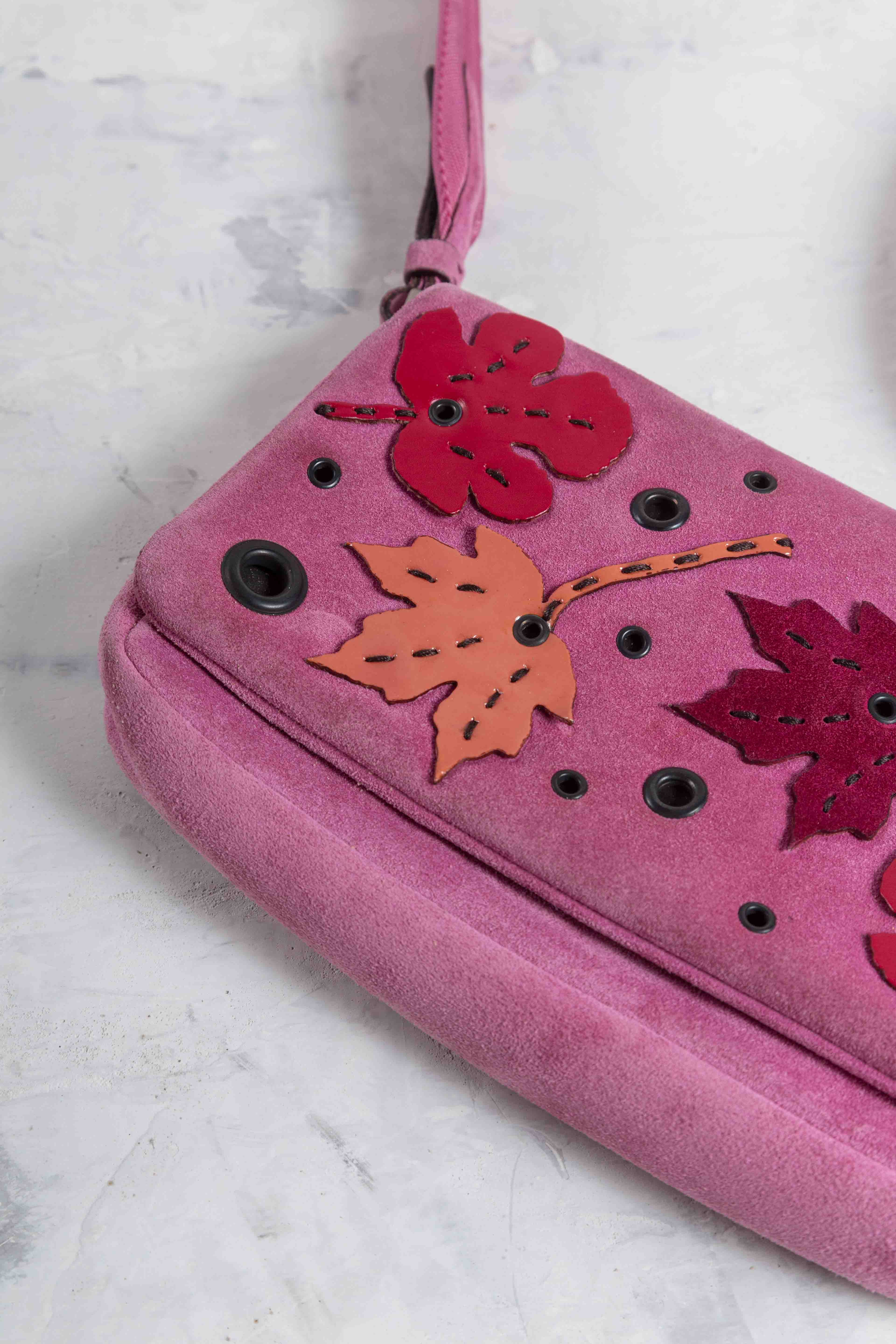 FW1999 LEAVES PINK SUEDE HAND BAG