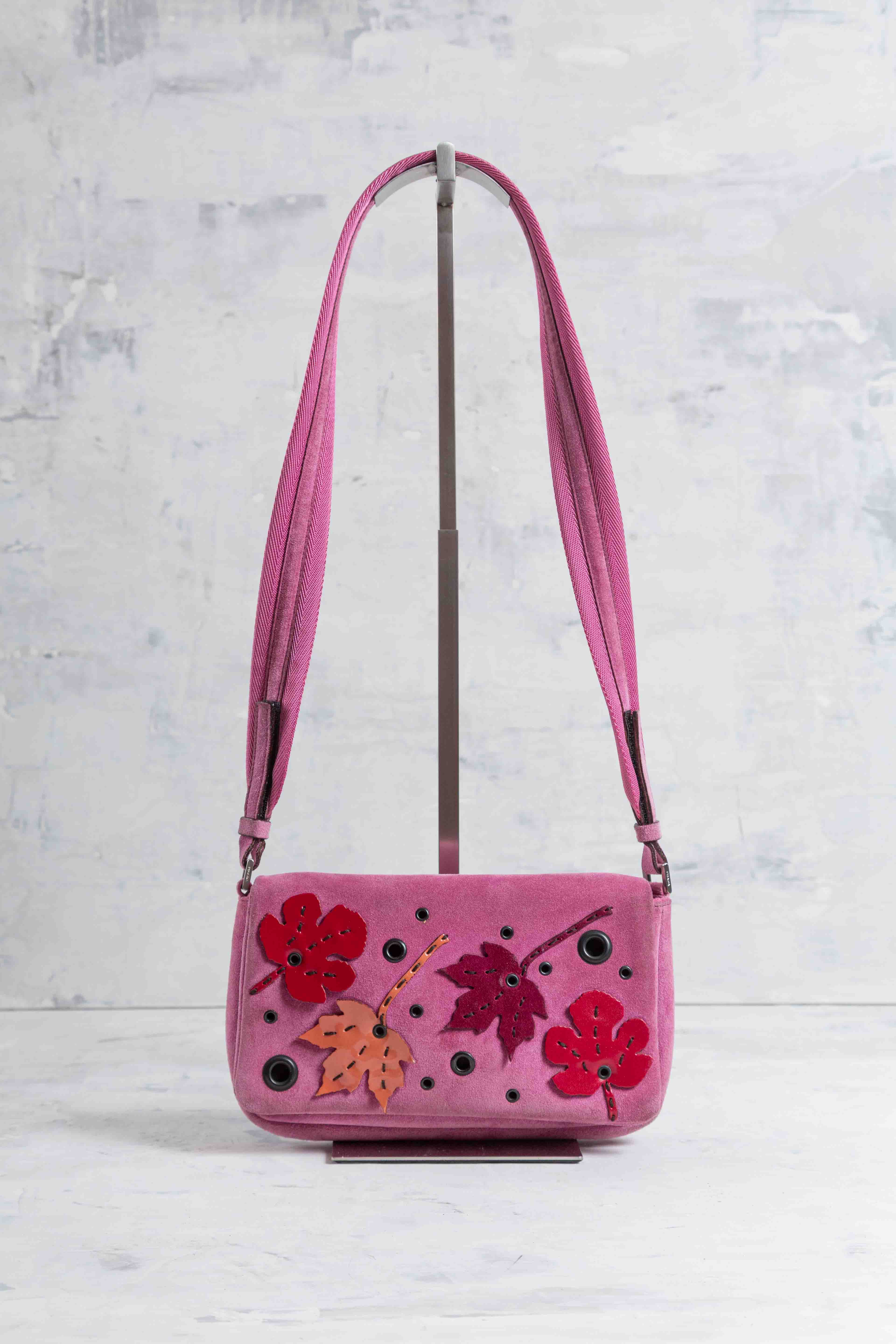 FW1999 LEAVES PINK SUEDE HAND BAG