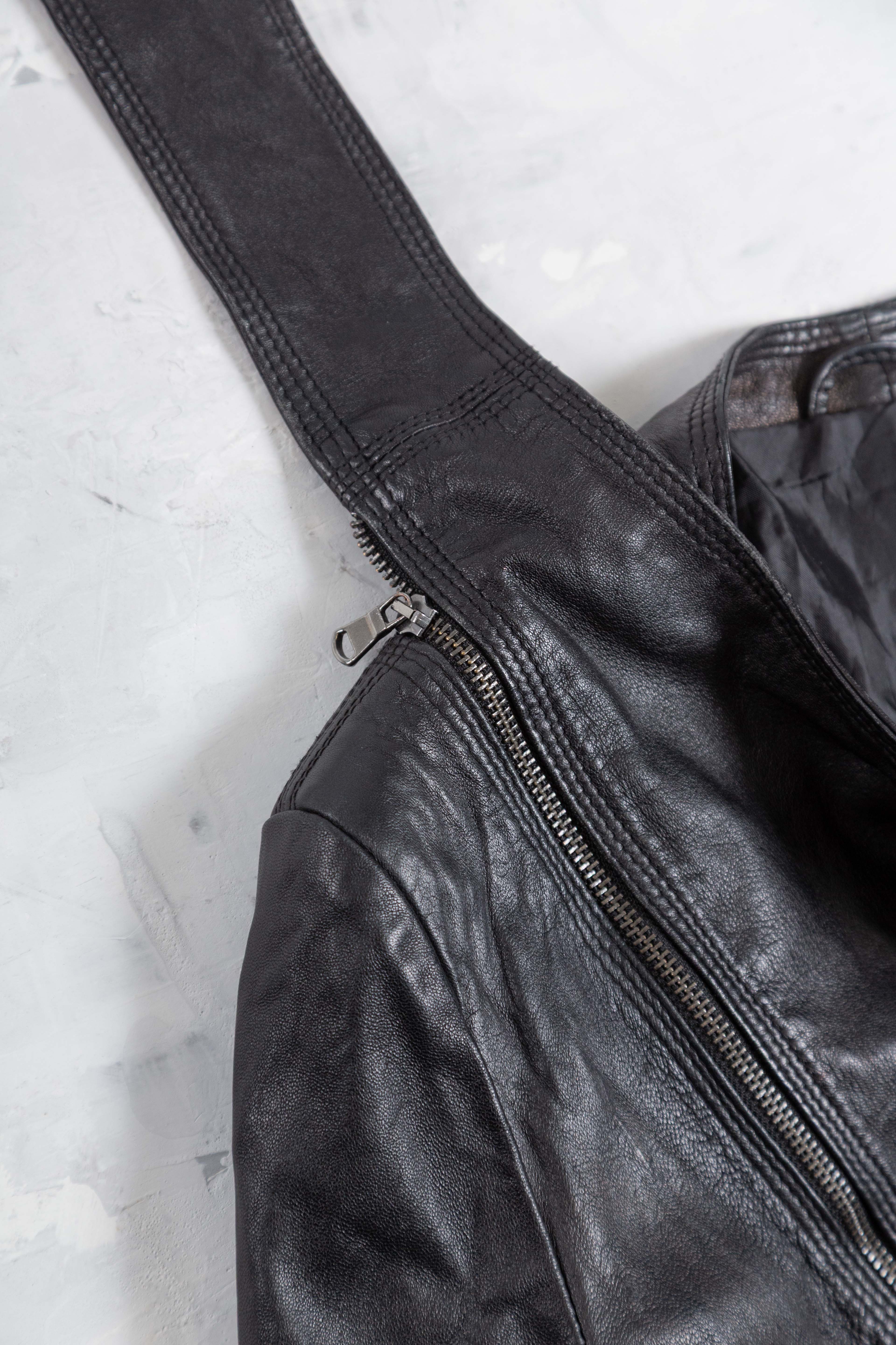 ASYMMETRIC DRAPED NECKLINE LEATHER JACKET