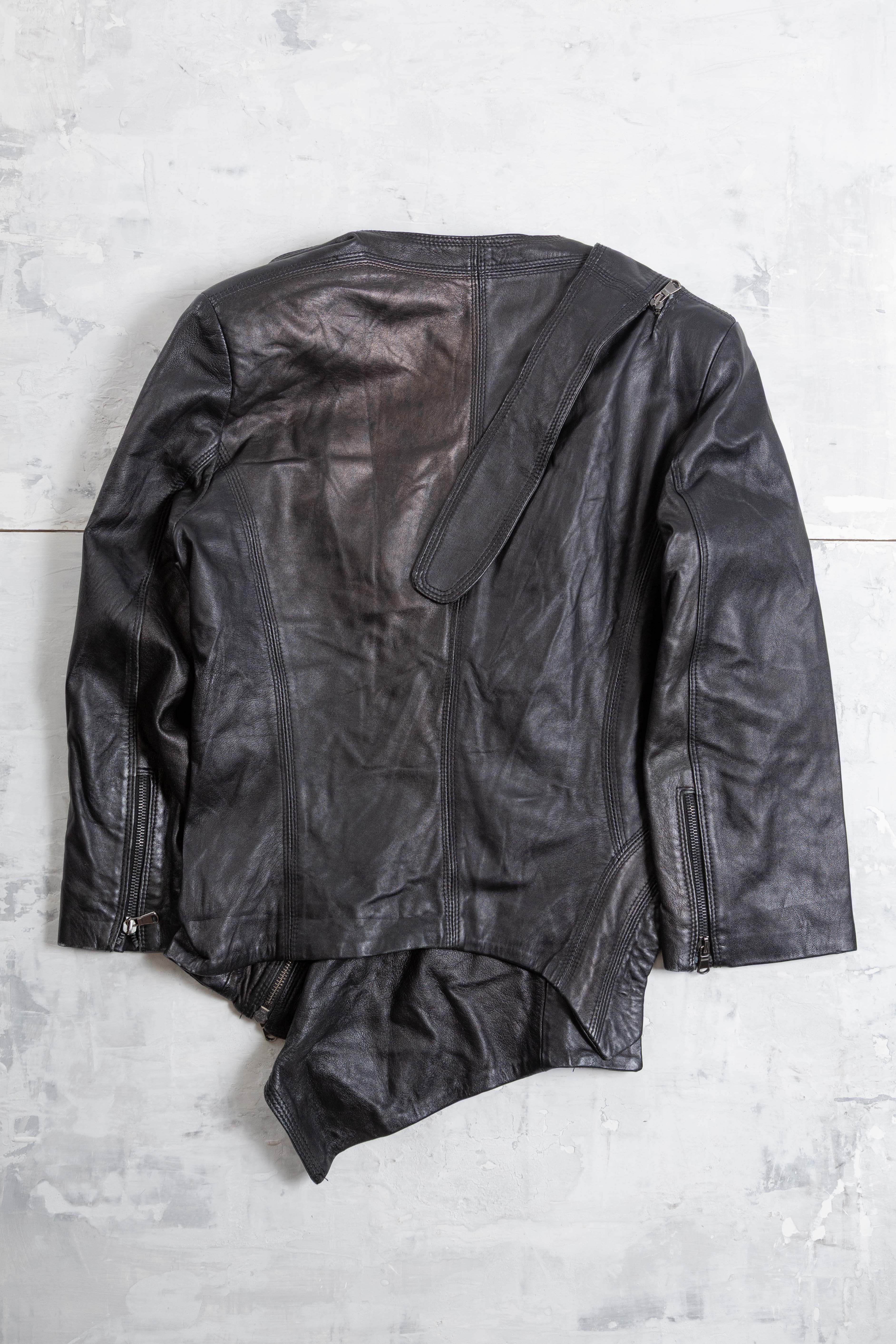 ASYMMETRIC DRAPED NECKLINE LEATHER JACKET