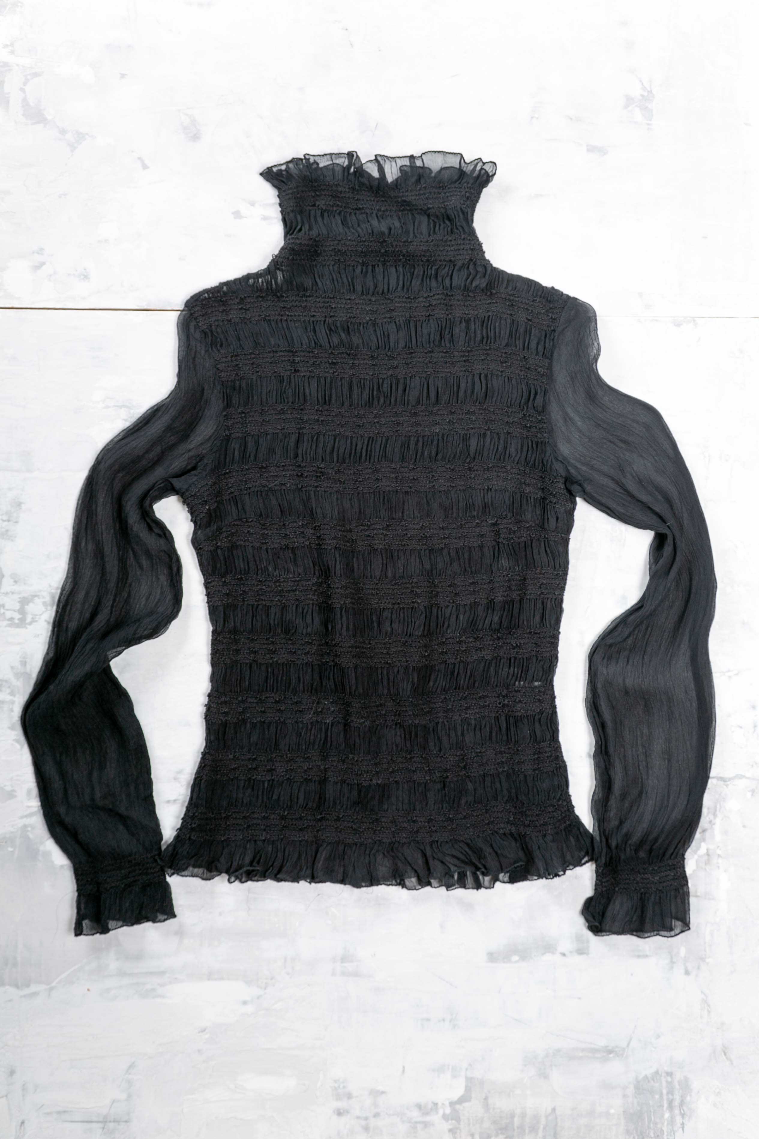 SILK RUCHED LONG SLEEVED SHEER TOP