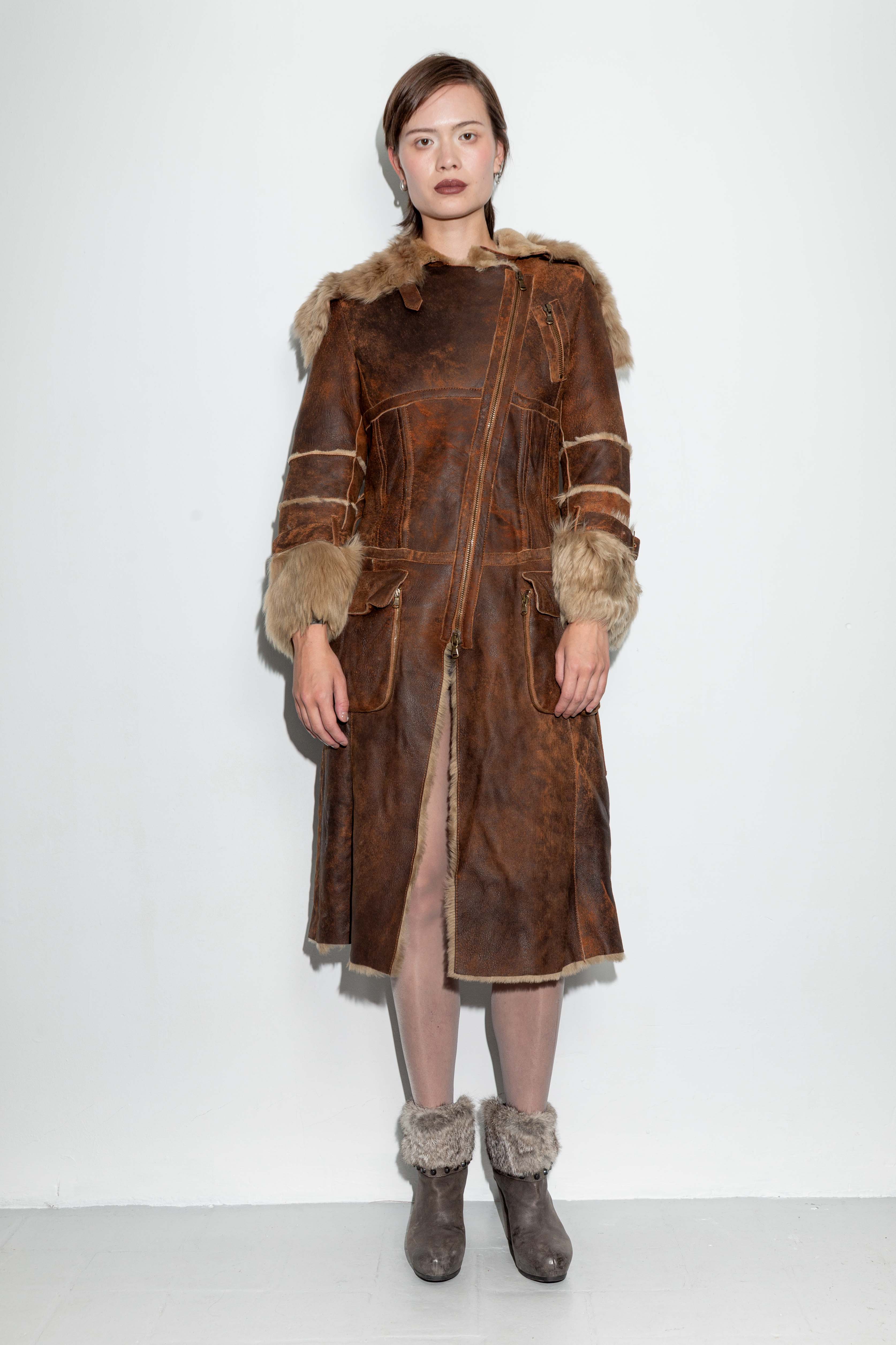BROWN DISTRESSED LEATHER AND FUR COAT