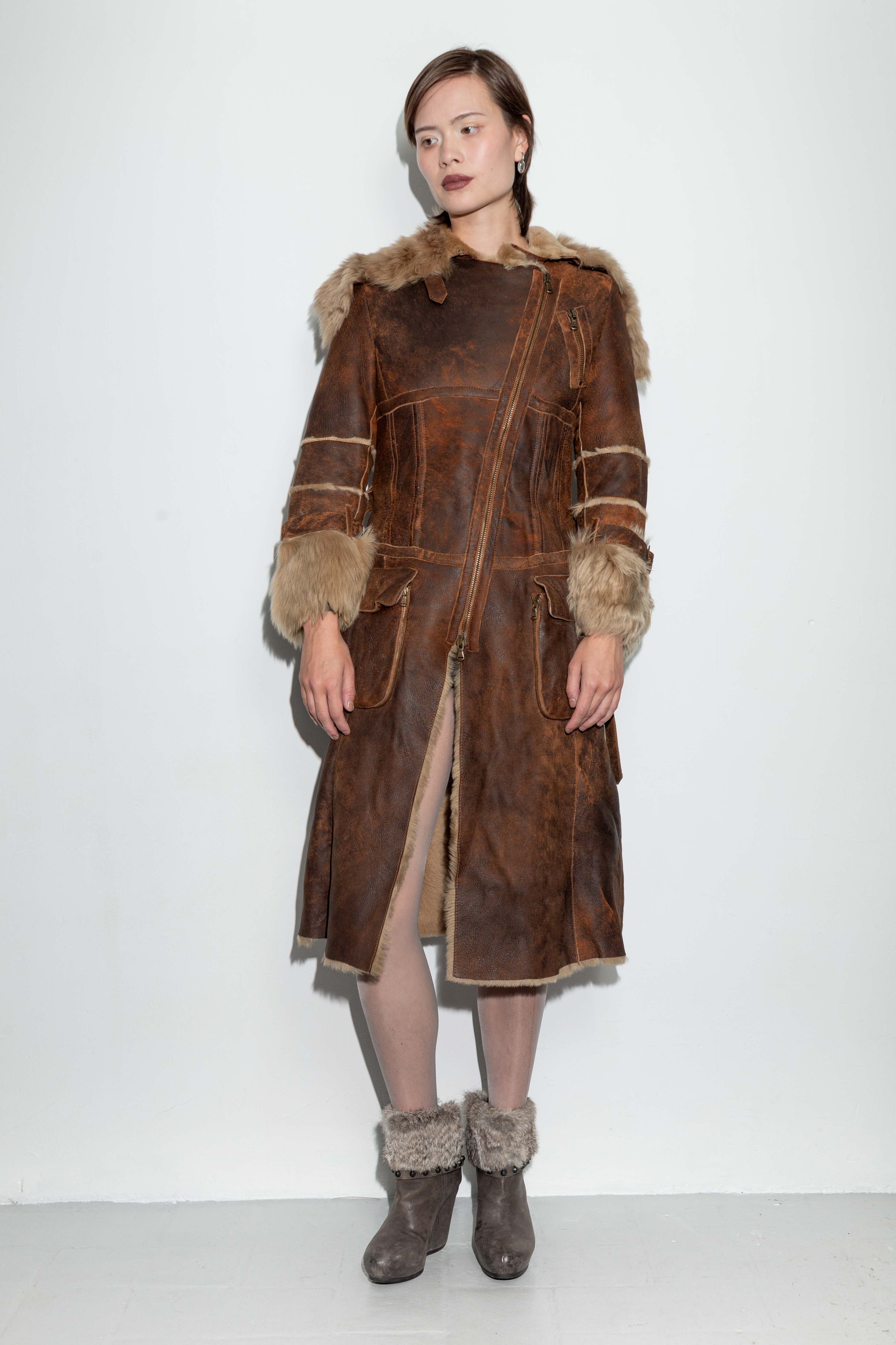 BROWN DISTRESSED LEATHER AND FUR COAT