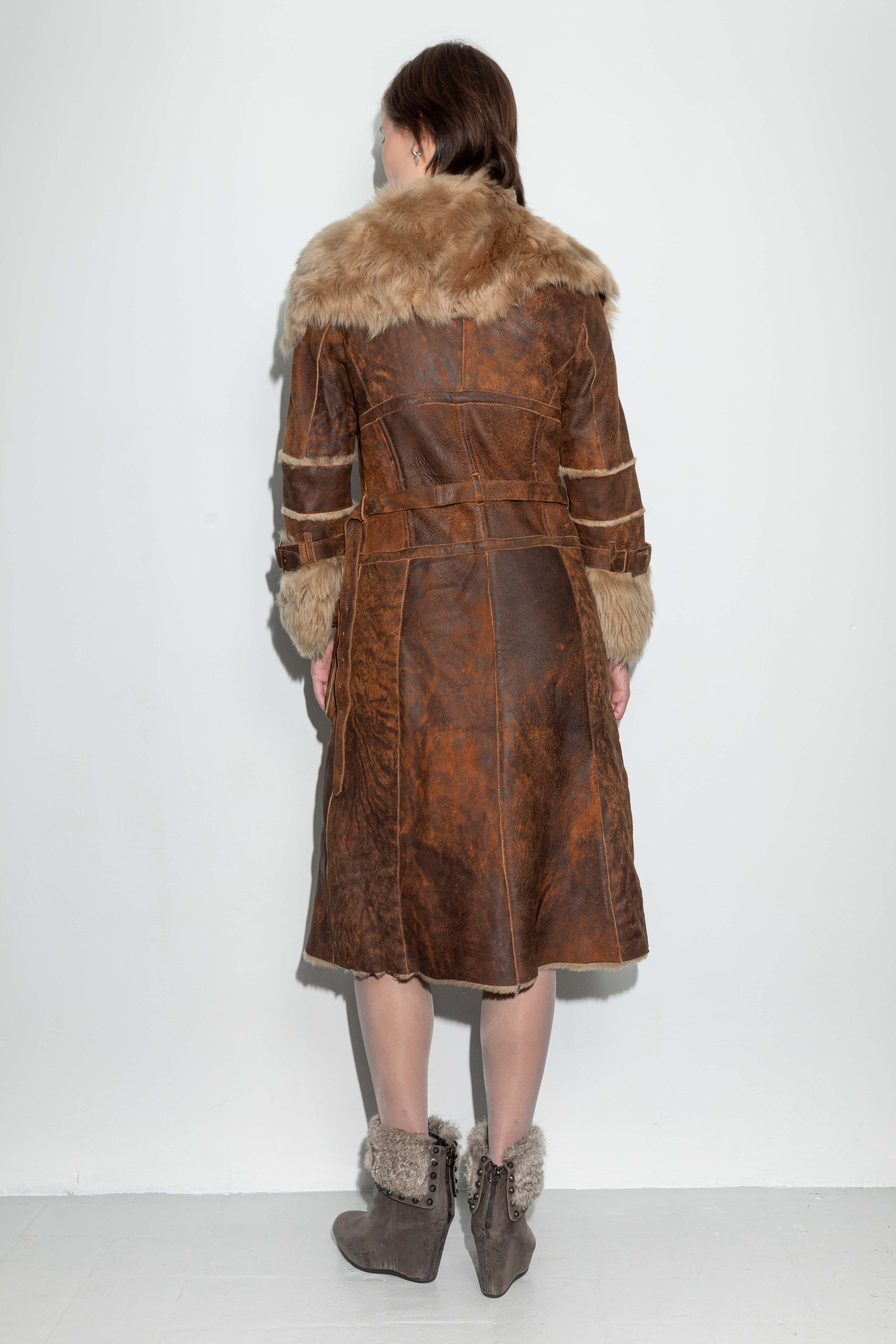 BROWN DISTRESSED LEATHER AND FUR COAT