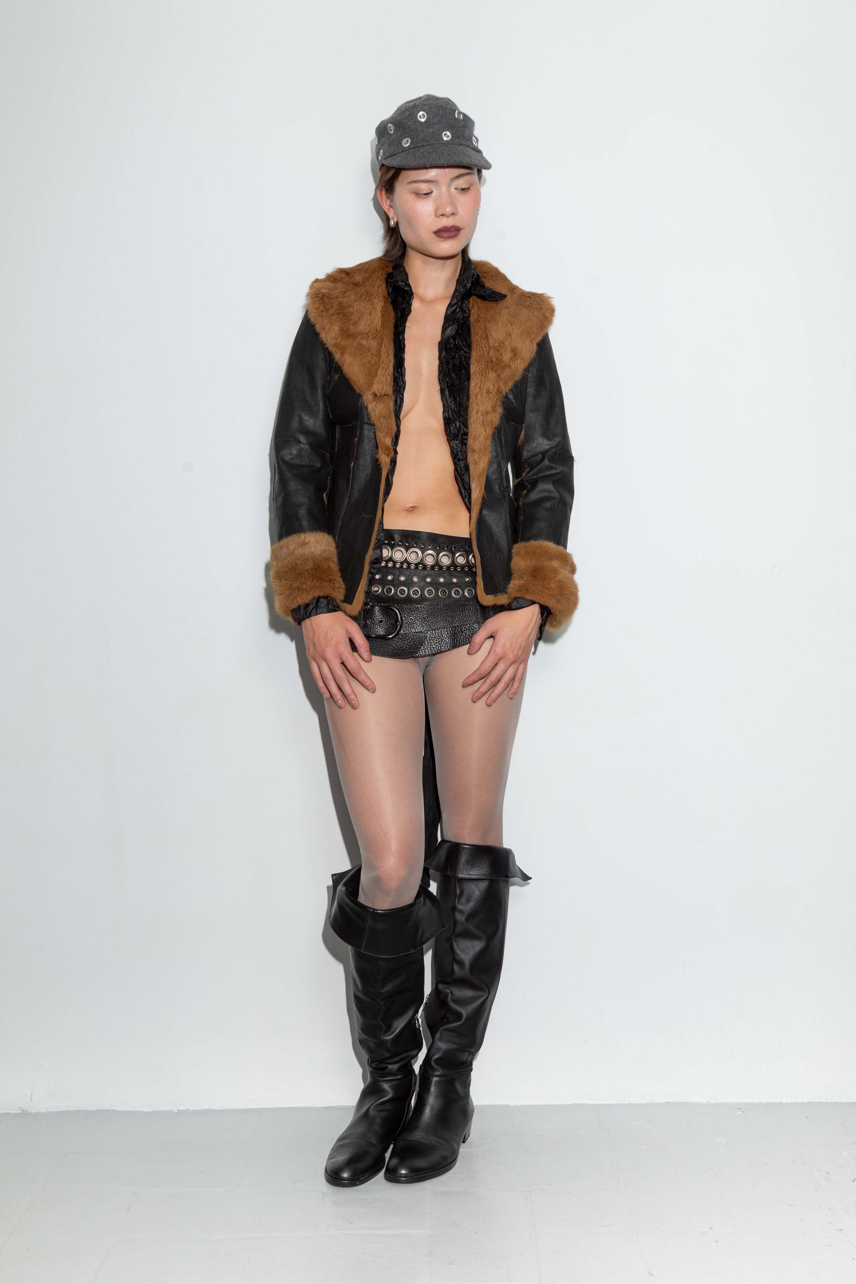 BLACK FUR PATCHED LEATHER COAT