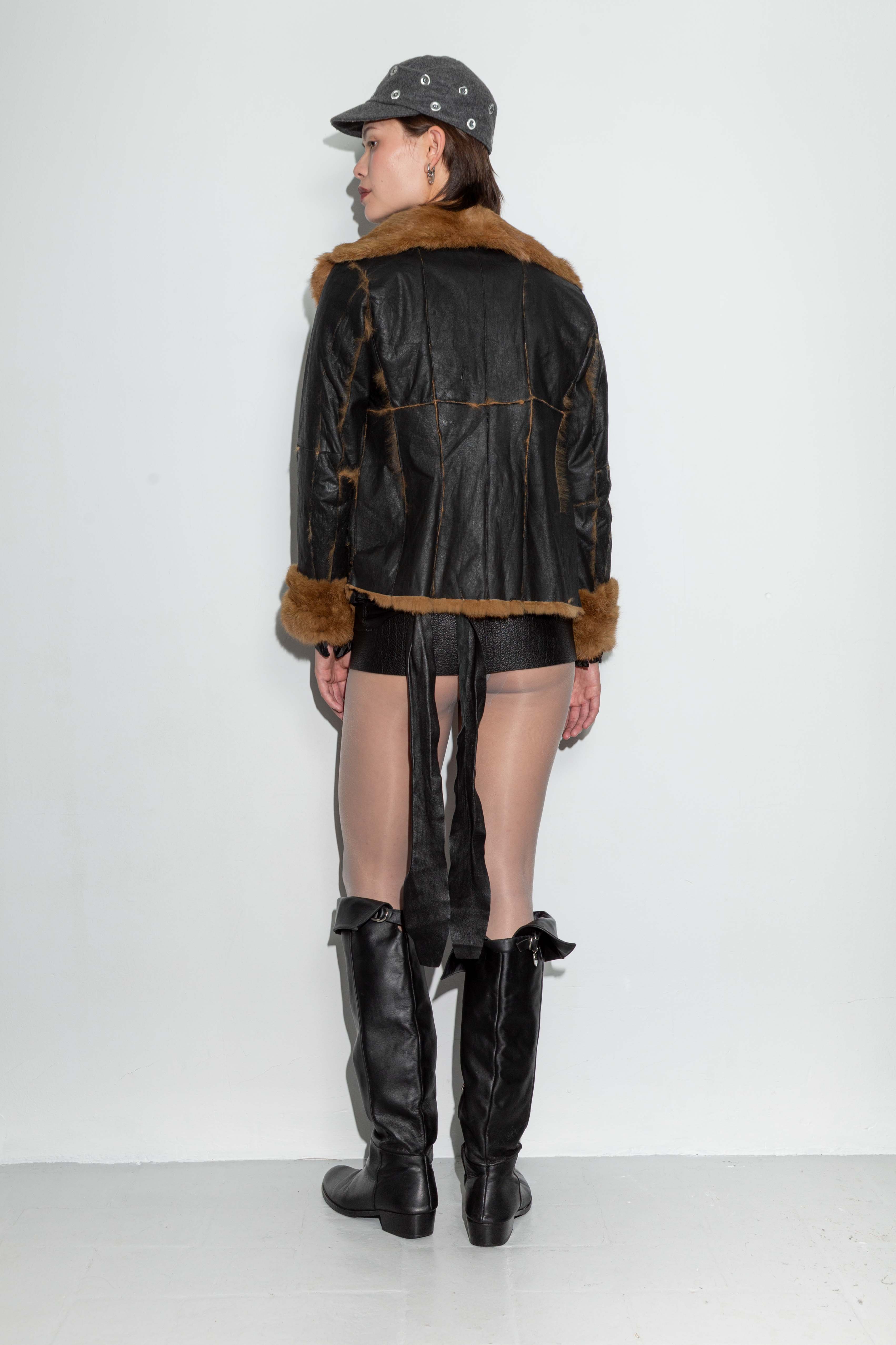 BLACK FUR PATCHED LEATHER COAT