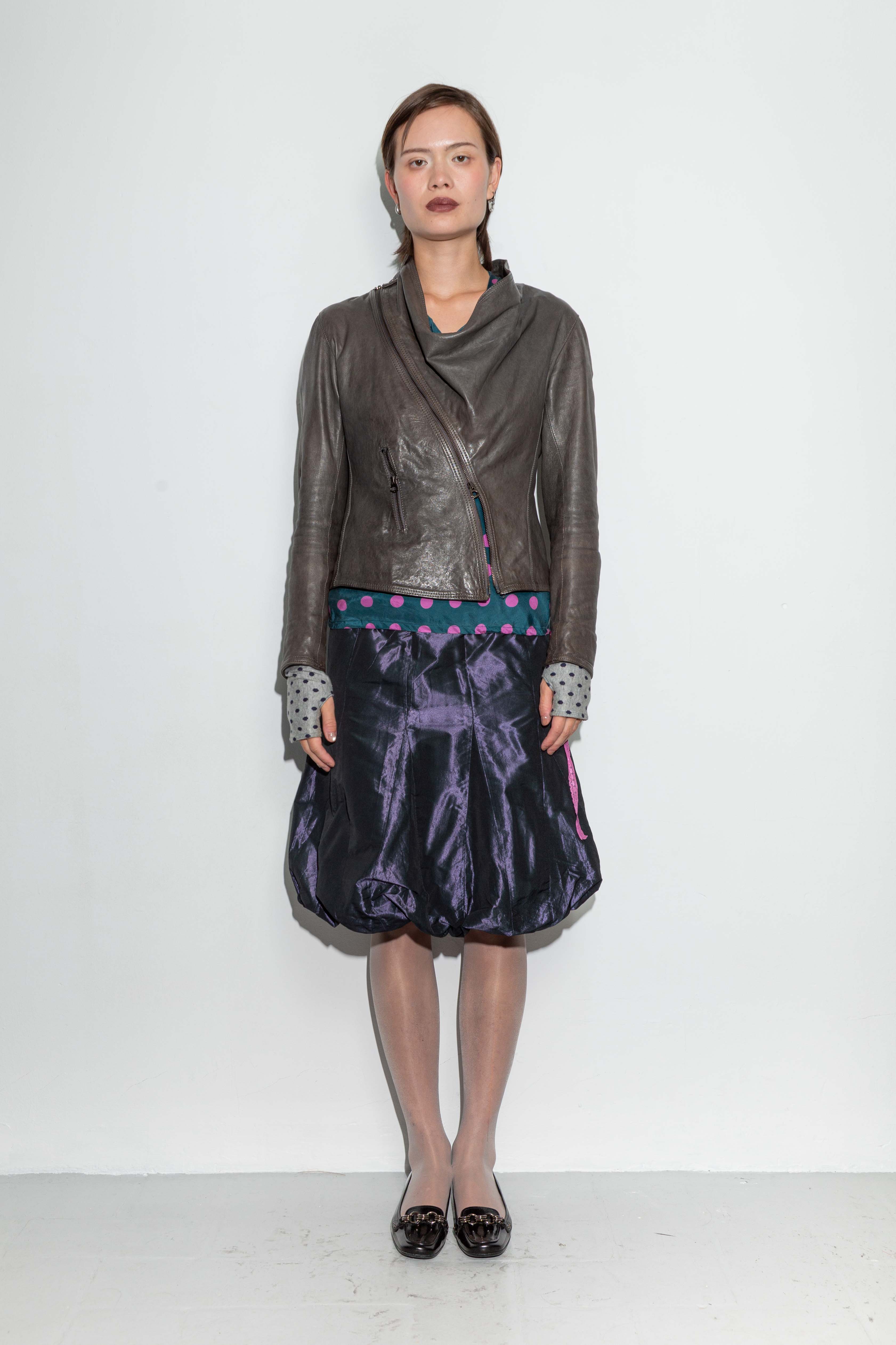 DARK GREY ASYMMETRIC DRAIPED LEATHER JACKET