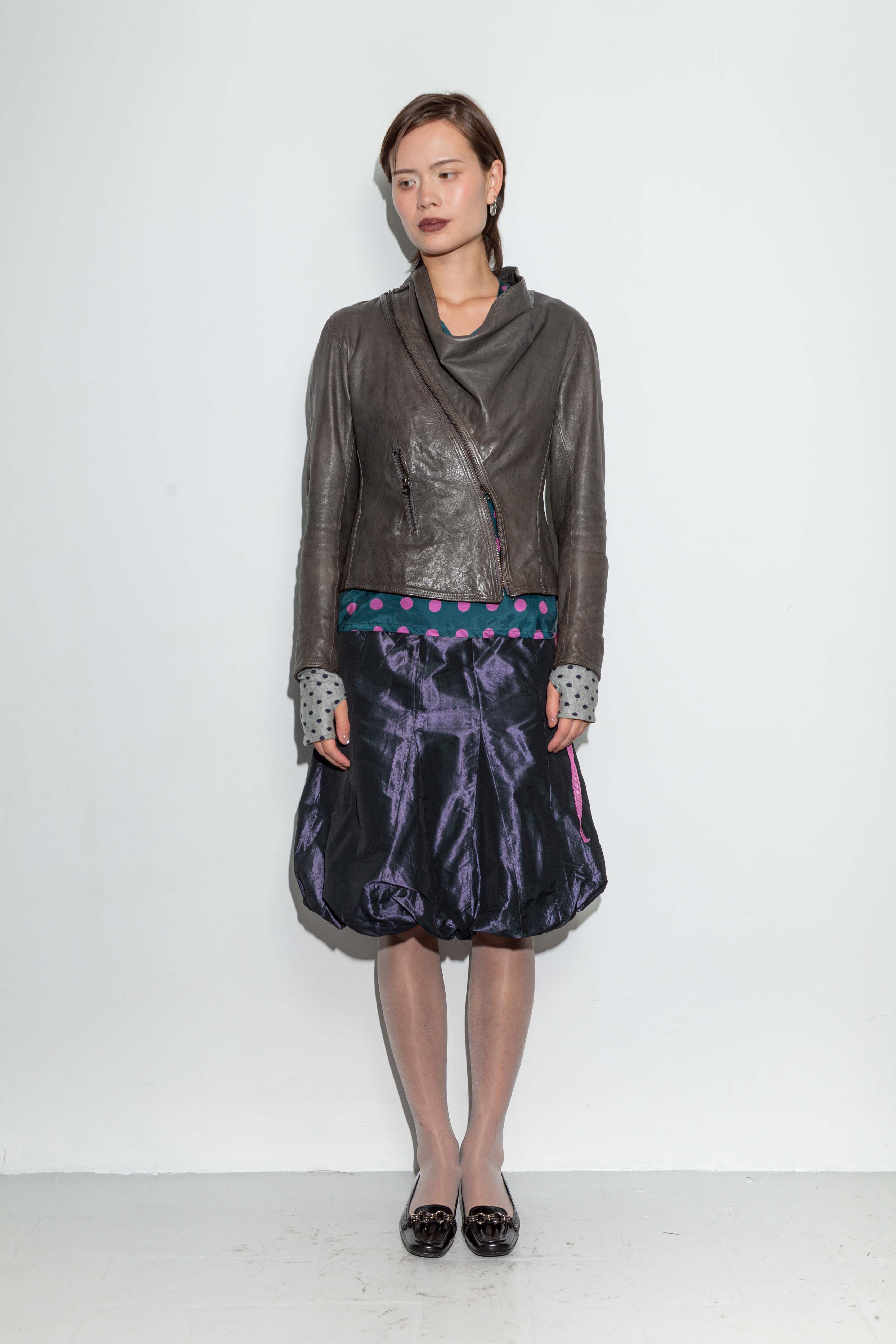 DARK GREY ASYMMETRIC DRAIPED LEATHER JACKET