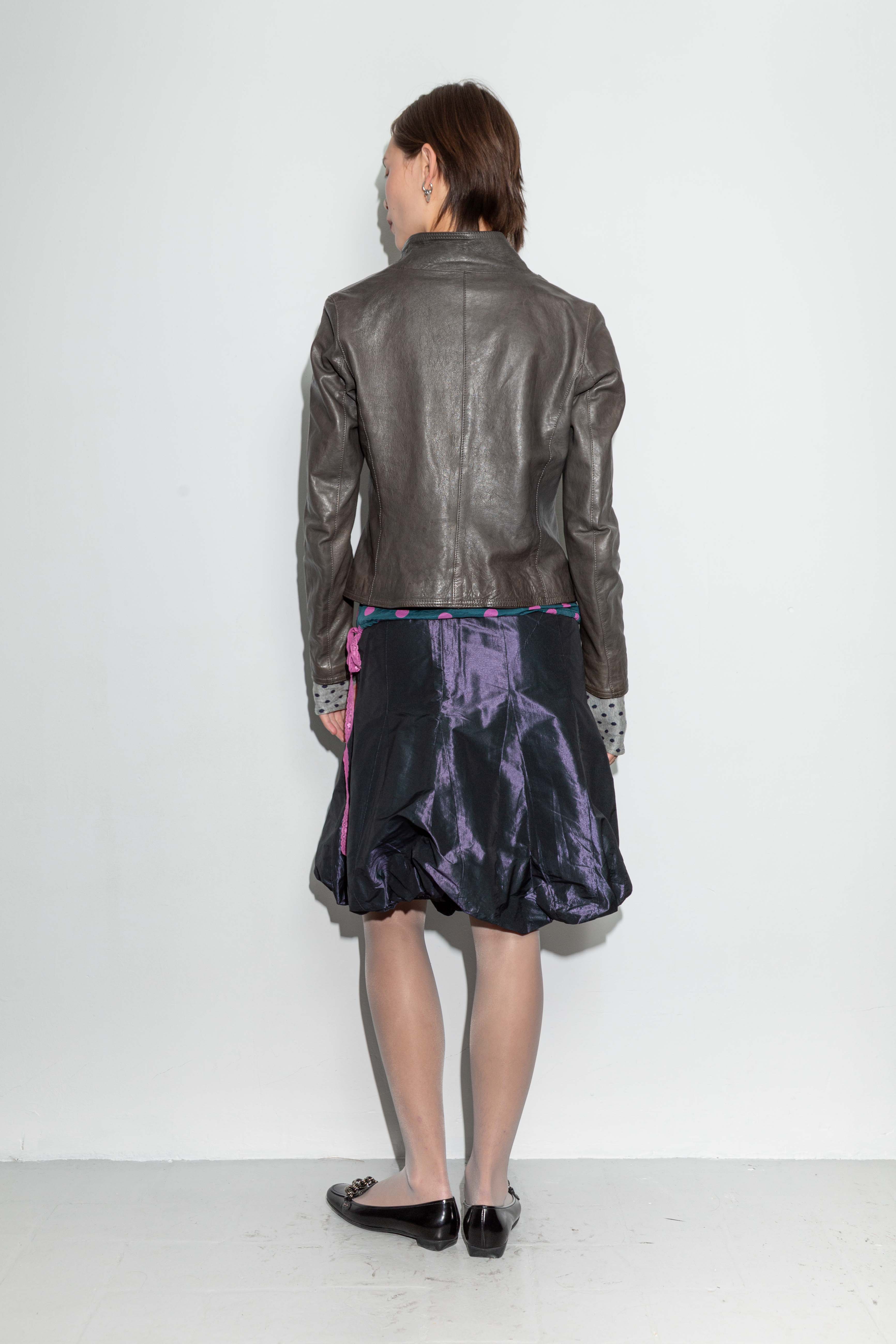 DARK GREY ASYMMETRIC DRAIPED LEATHER JACKET