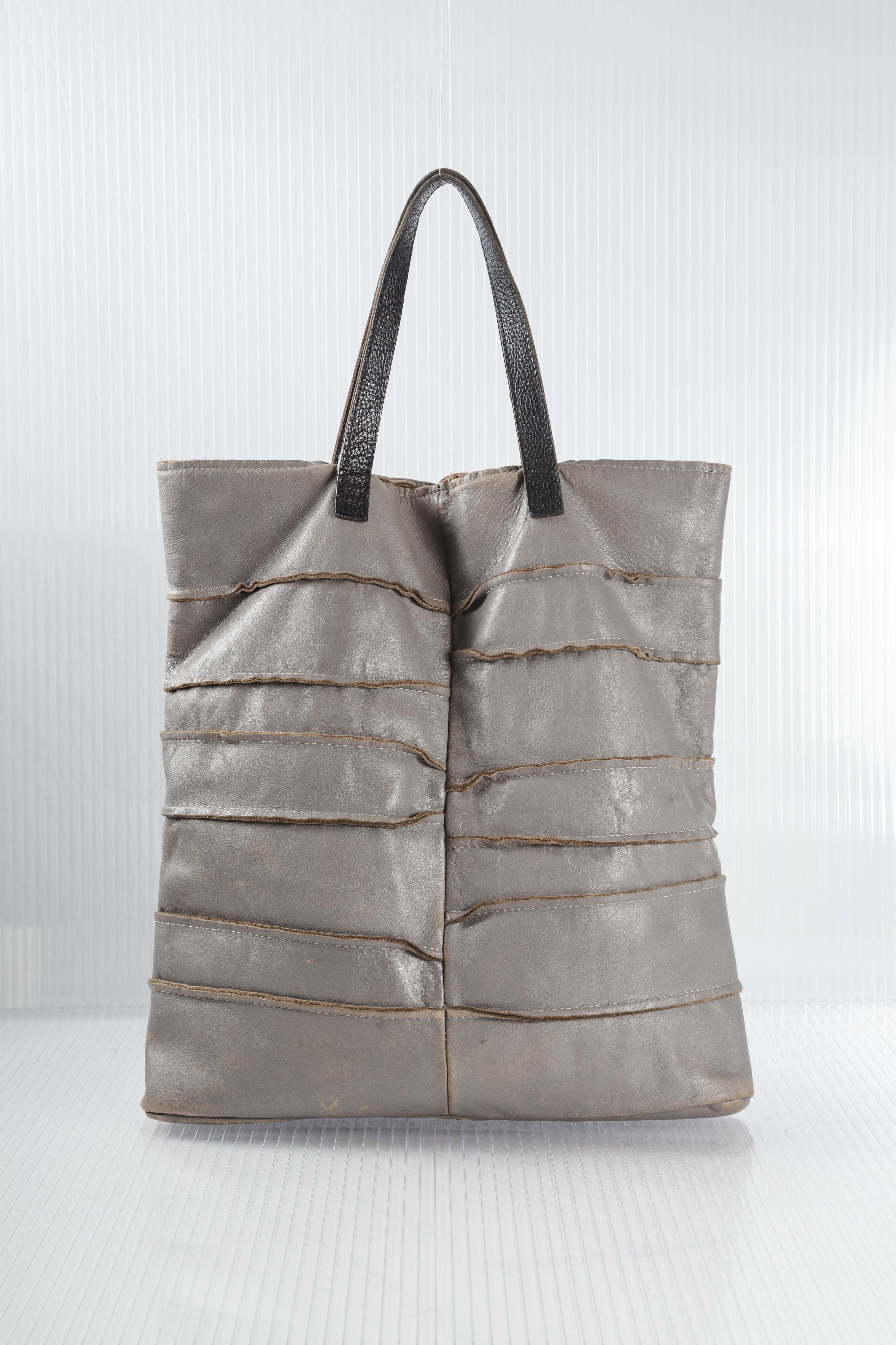 GREY DISTRESSED PATCHED LEATHER TOTEBAG