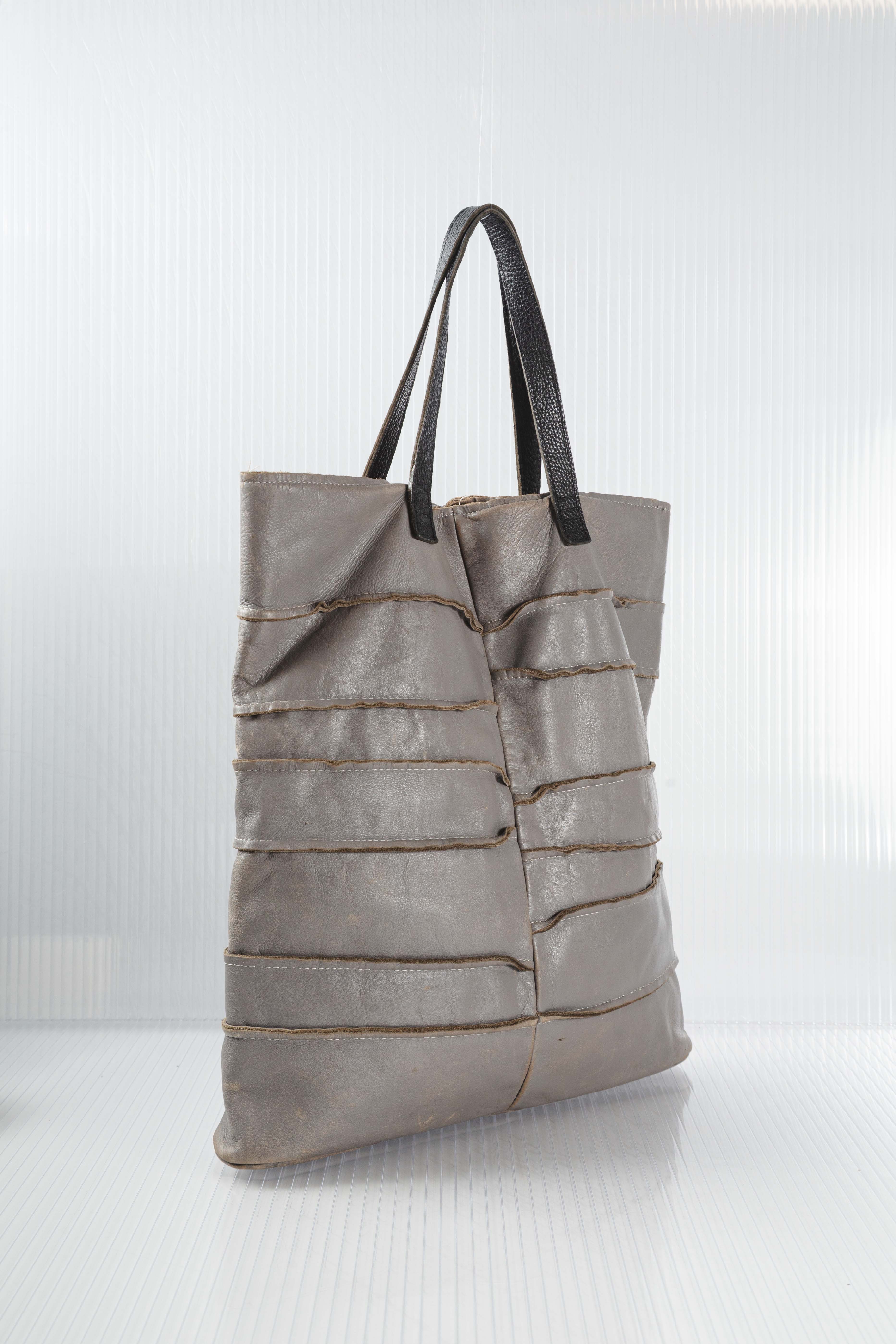 GREY DISTRESSED PATCHED LEATHER TOTEBAG