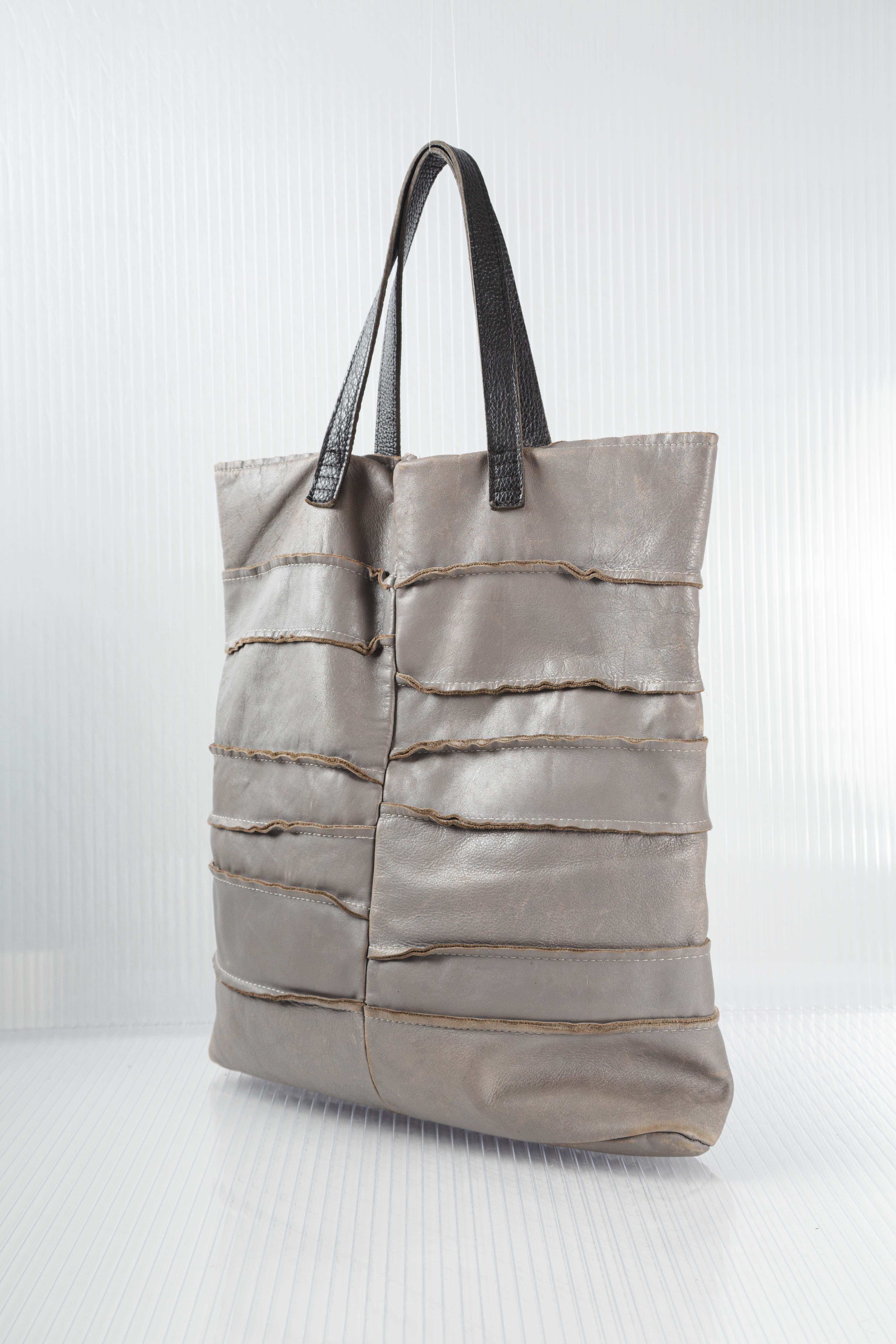 GREY DISTRESSED PATCHED LEATHER TOTEBAG