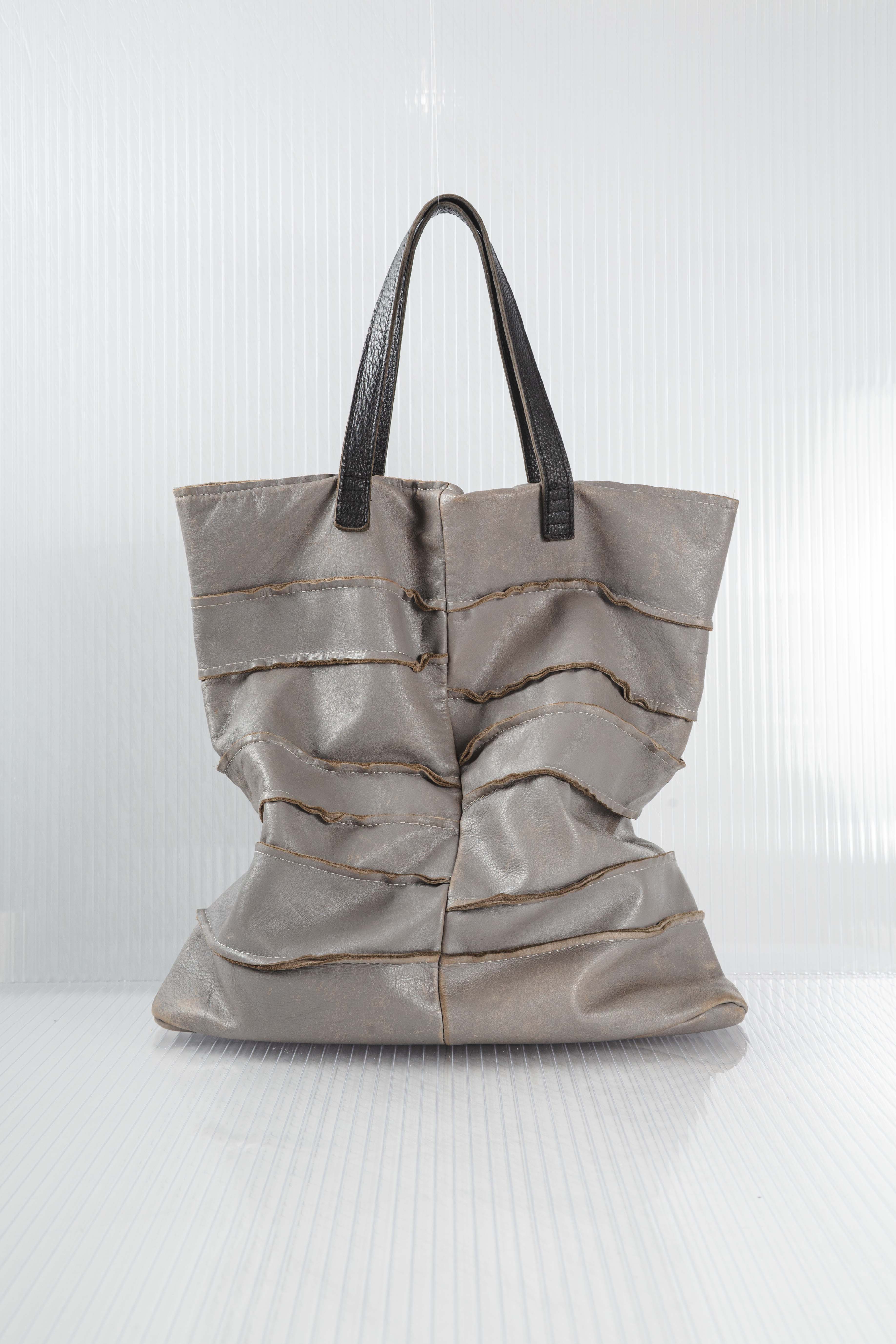 GREY DISTRESSED PATCHED LEATHER TOTEBAG