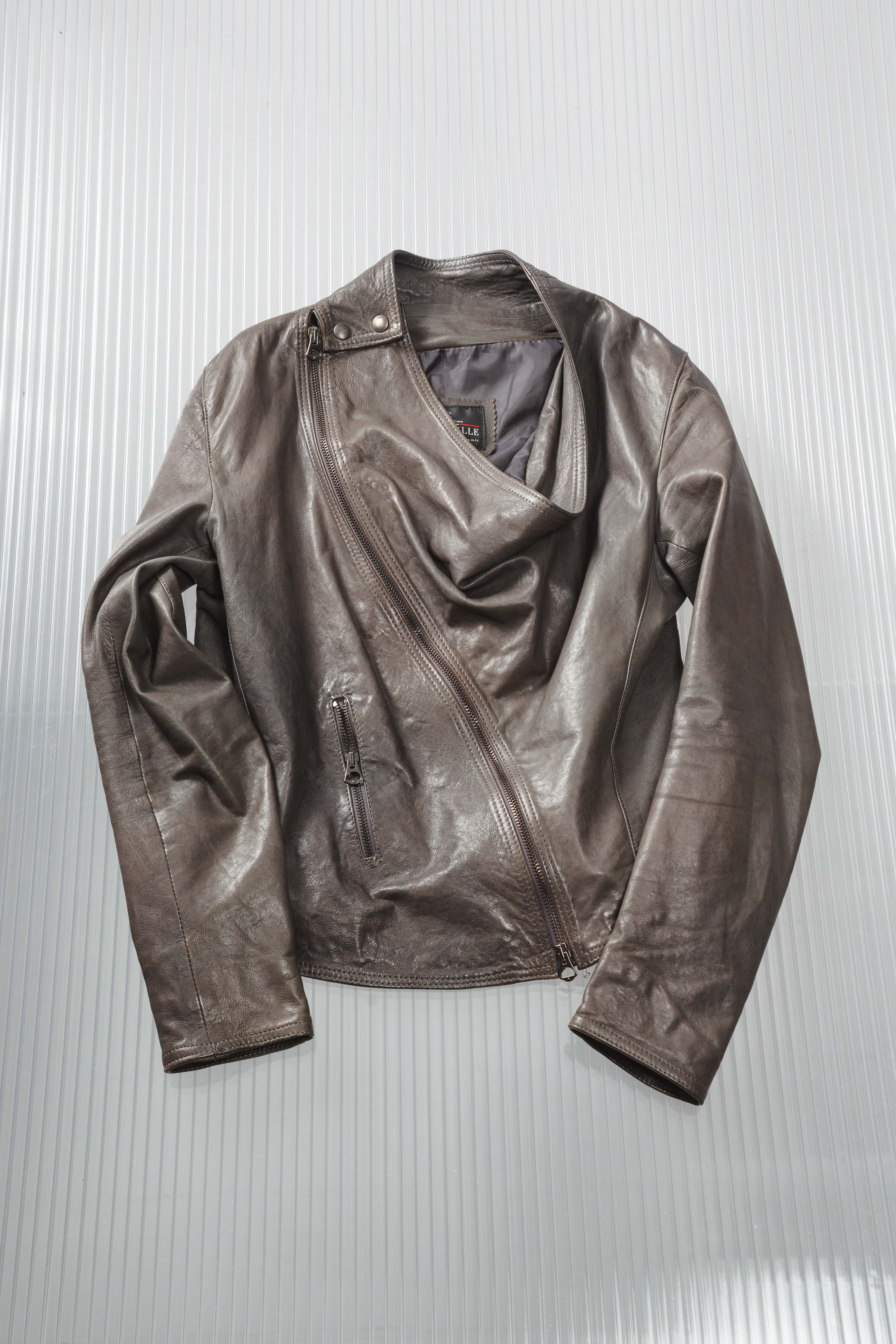 DARK GREY ASYMMETRIC DRAIPED LEATHER JACKET