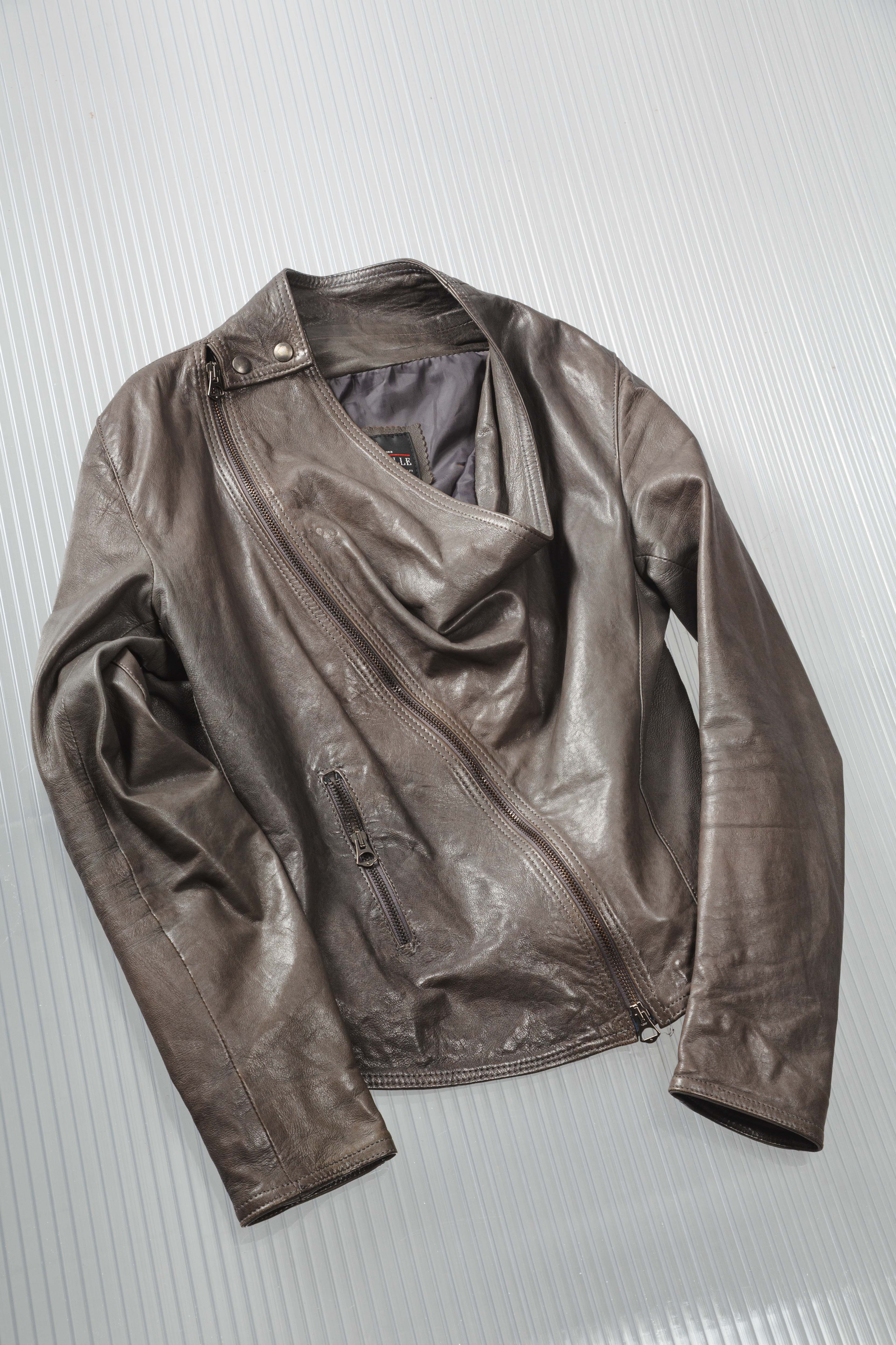 DARK GREY ASYMMETRIC DRAIPED LEATHER JACKET