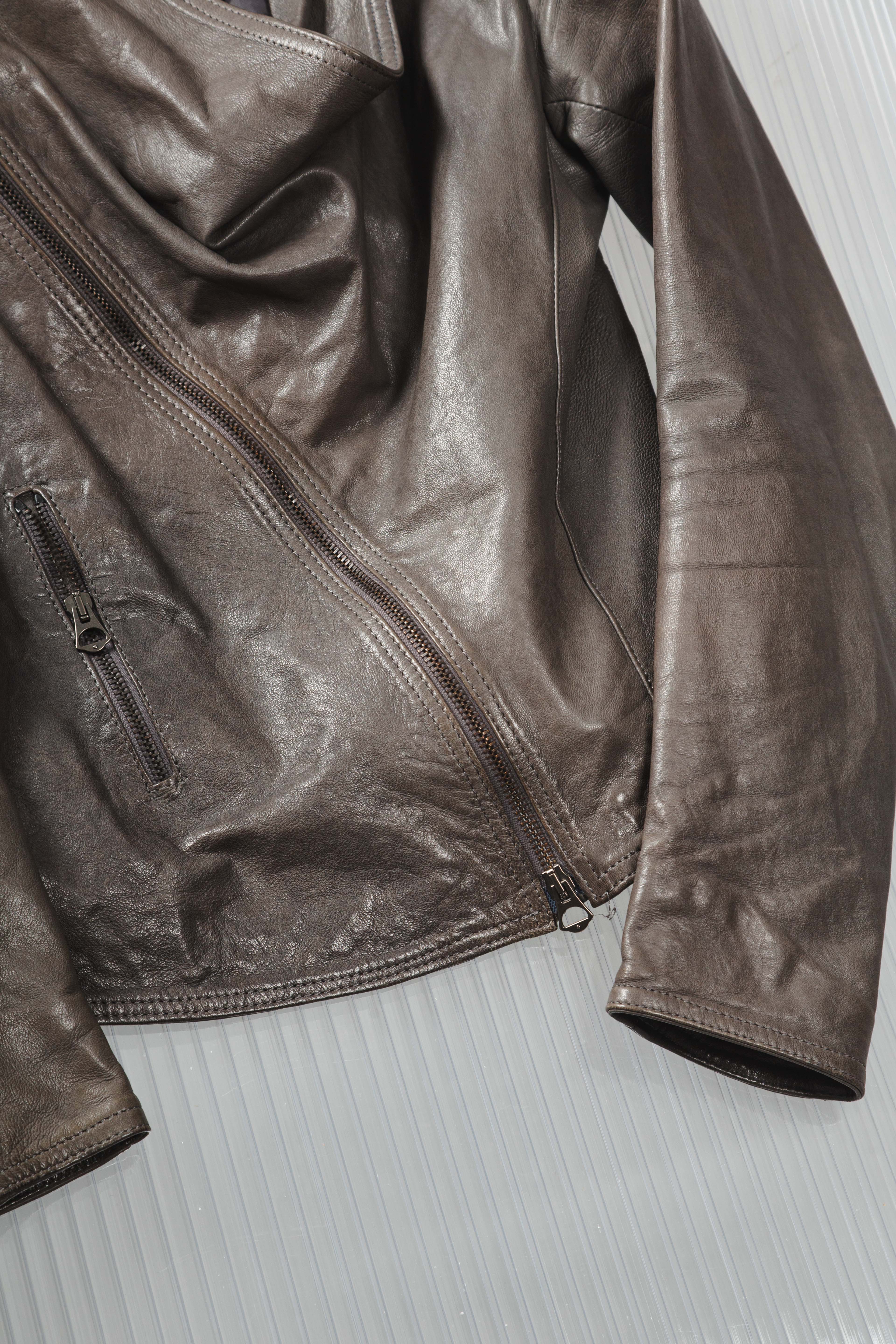 DARK GREY ASYMMETRIC DRAIPED LEATHER JACKET