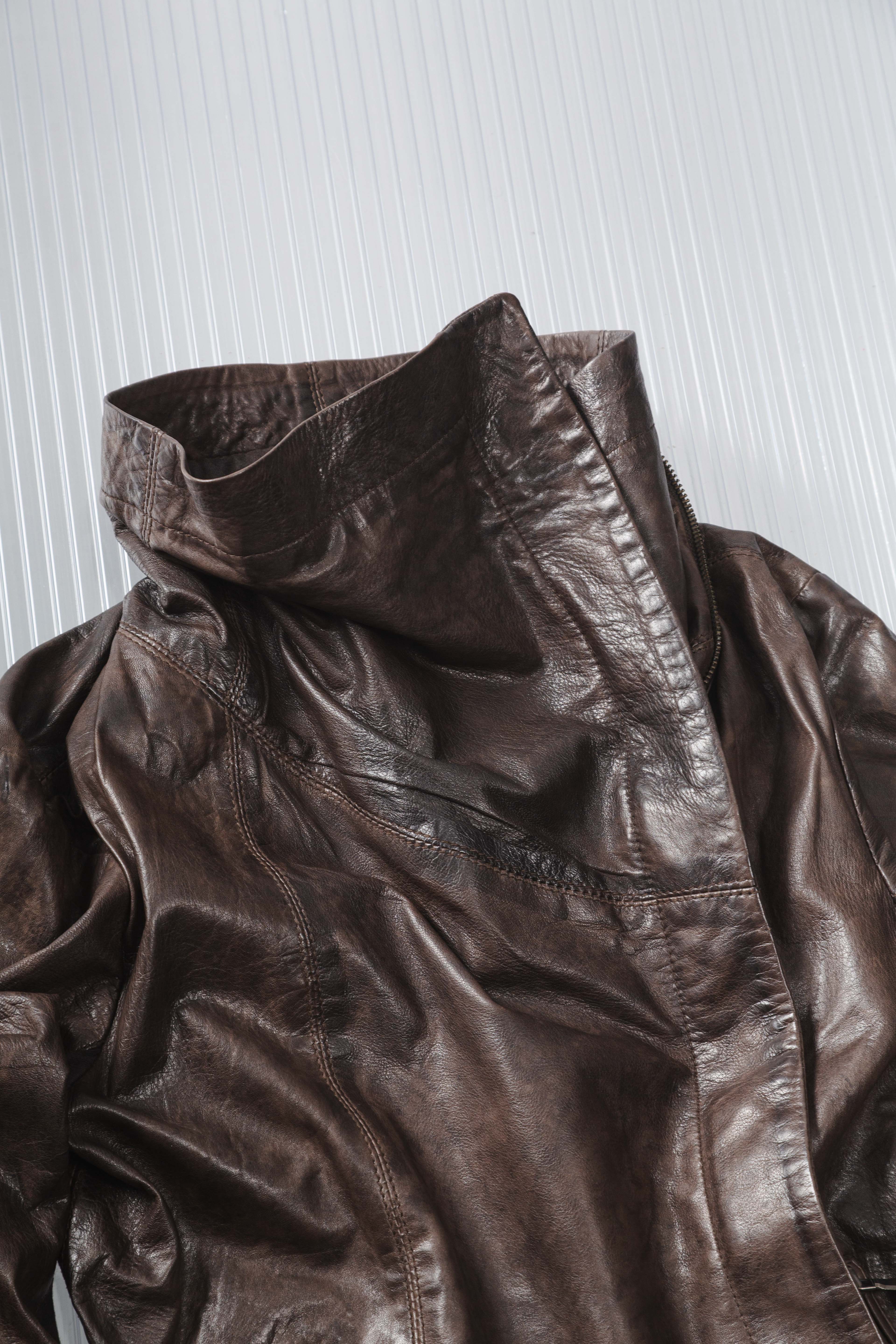 BROWN ASYMMETRIC DISTRESSED LEATHER JACKET